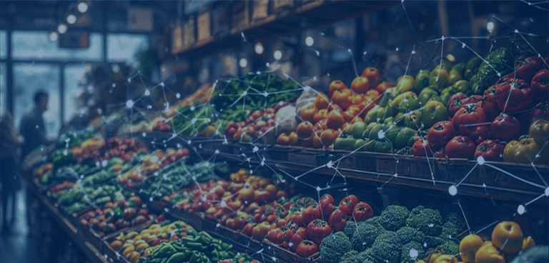 Fresh vegetables and fruits displayed at a grocery store produce section with a digital overlay of interconnected lines and dots.