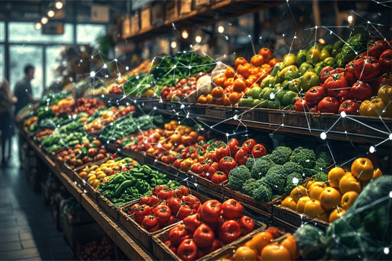 Fresh produce display of colorful tomatoes, broccoli, peppers, and other vegetables in a grocery store with digital network overlay.