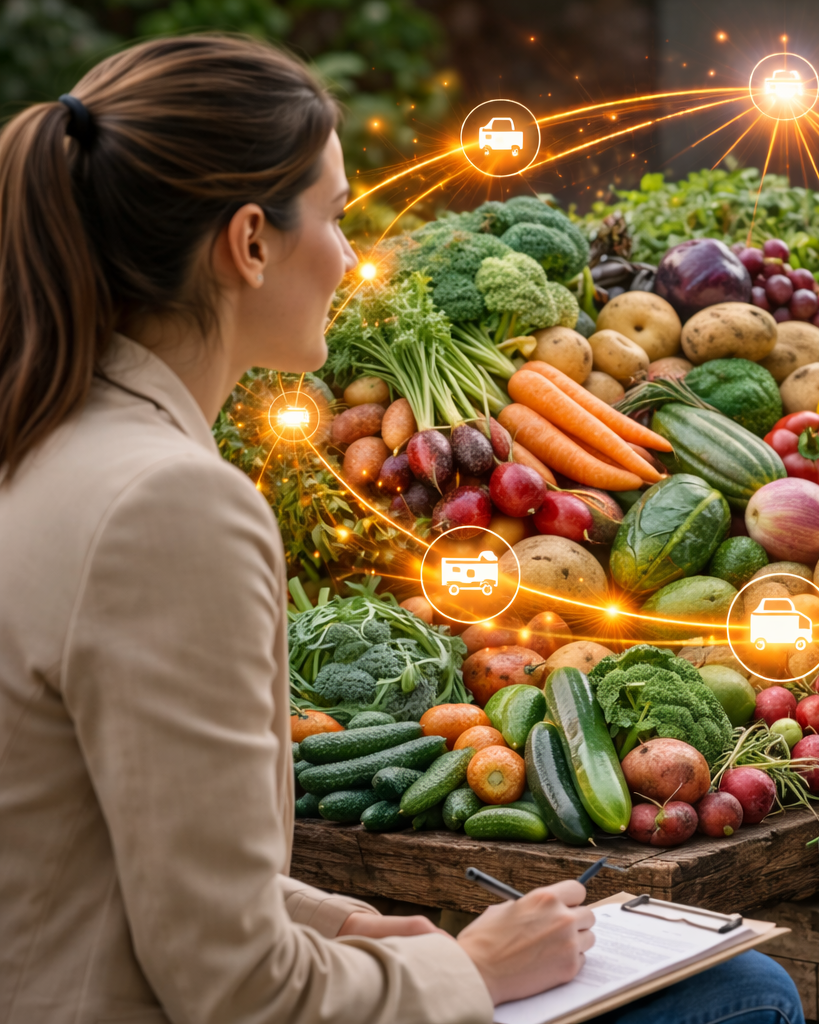 A woman inspecting a variety of fresh vegetables at an outdoor market with digital icons representing supply chain logistics overlaid.