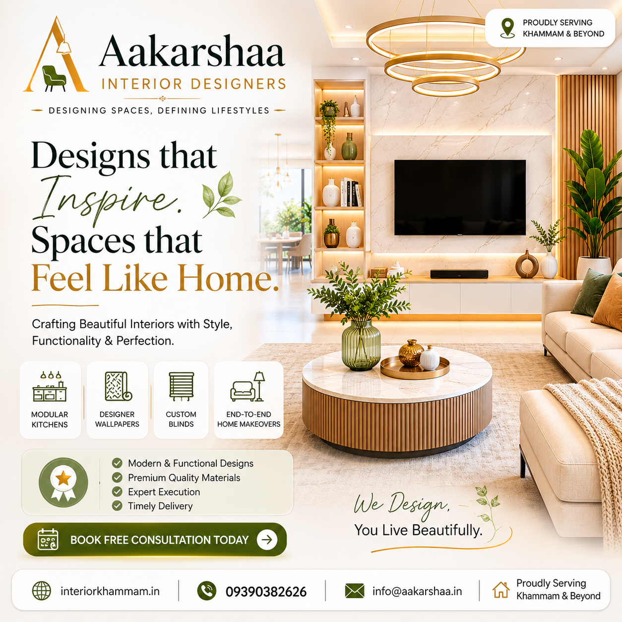“Luxury modern living room interior design by Aakarshaa Interior Designers featuring TV unit, false ceiling, premium lighting, wallpapers, curtains and elegant home décor in Khammam.”