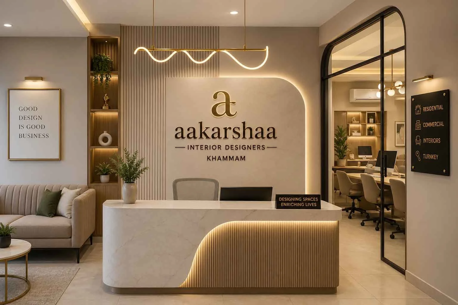 Modern reception area of Aakarshaa Interior Designers in Khammam featuring luxury lighting and marble desk.
