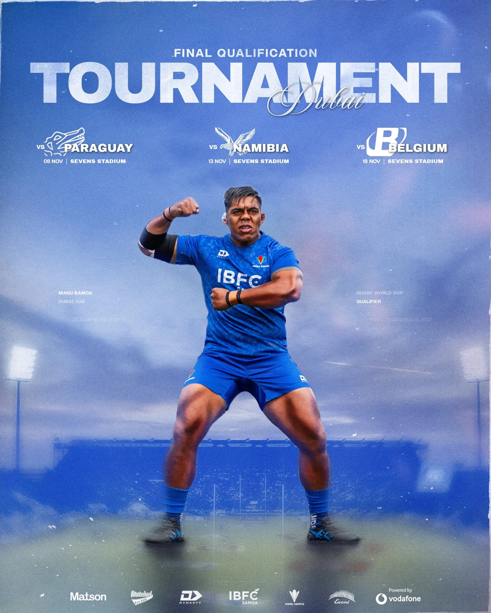Poster for the final qualification rugby tournament in Dubai, featuring Manu Samoa, with matches against Paraguay, Namibia, and Belgium scheduled for November 8, 13, and 18 at Sevens Stadium.