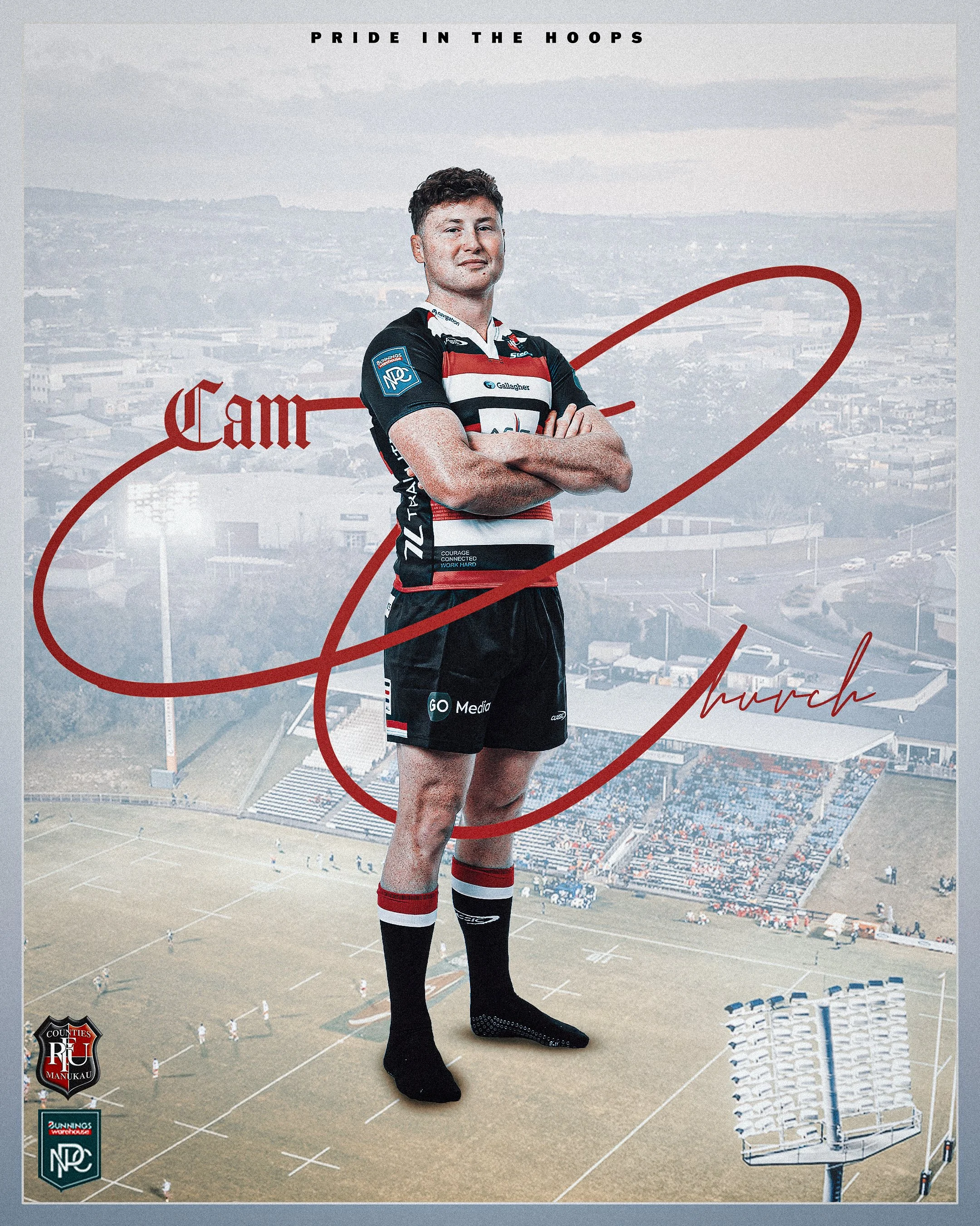 A rugby player standing with arms crossed in front of a large stadium. The player is wearing a black, red, and white uniform with socks and sports shoes. The background shows a rugby field and seating area in the stadium. Text on the image reads 'PRI