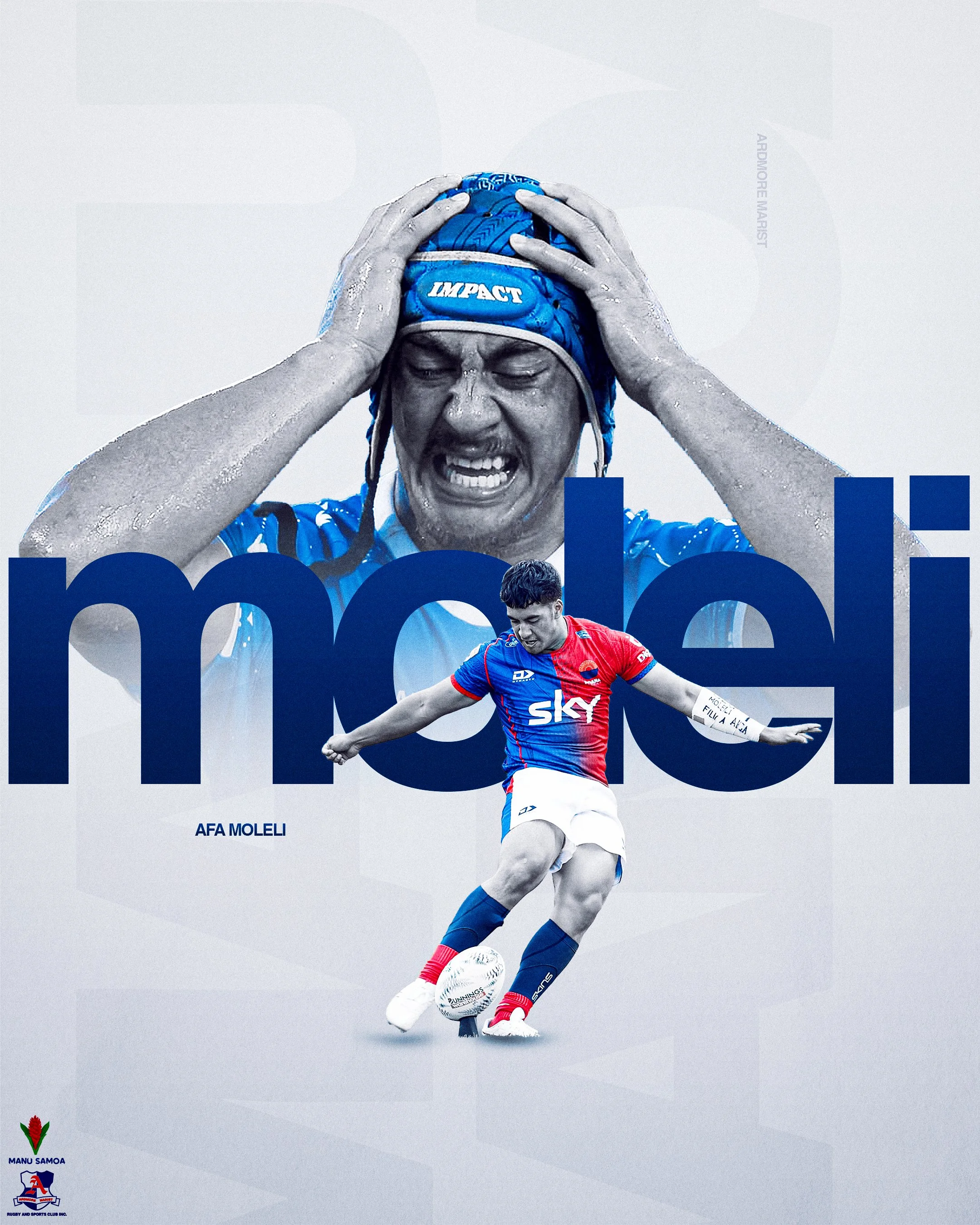 A rugby player in a blue and red uniform kicking a rugby ball, with large images of a female athlete wearing a blue head covering and a blue uniform, and a male athlete in a red and blue uniform in the background. The background is light gray with th