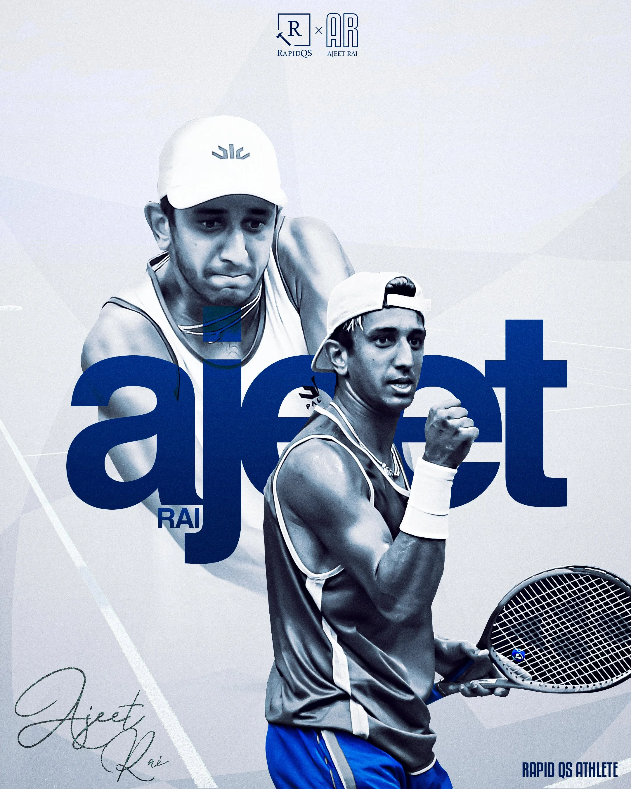 Poster featuring a male tennis player in sportswear, holding a tennis racquet, and wearing a cap with a logo. The background has text and logos, including 'RapidQS' and 'Ajeet Rai,' indicating an athlete poster.