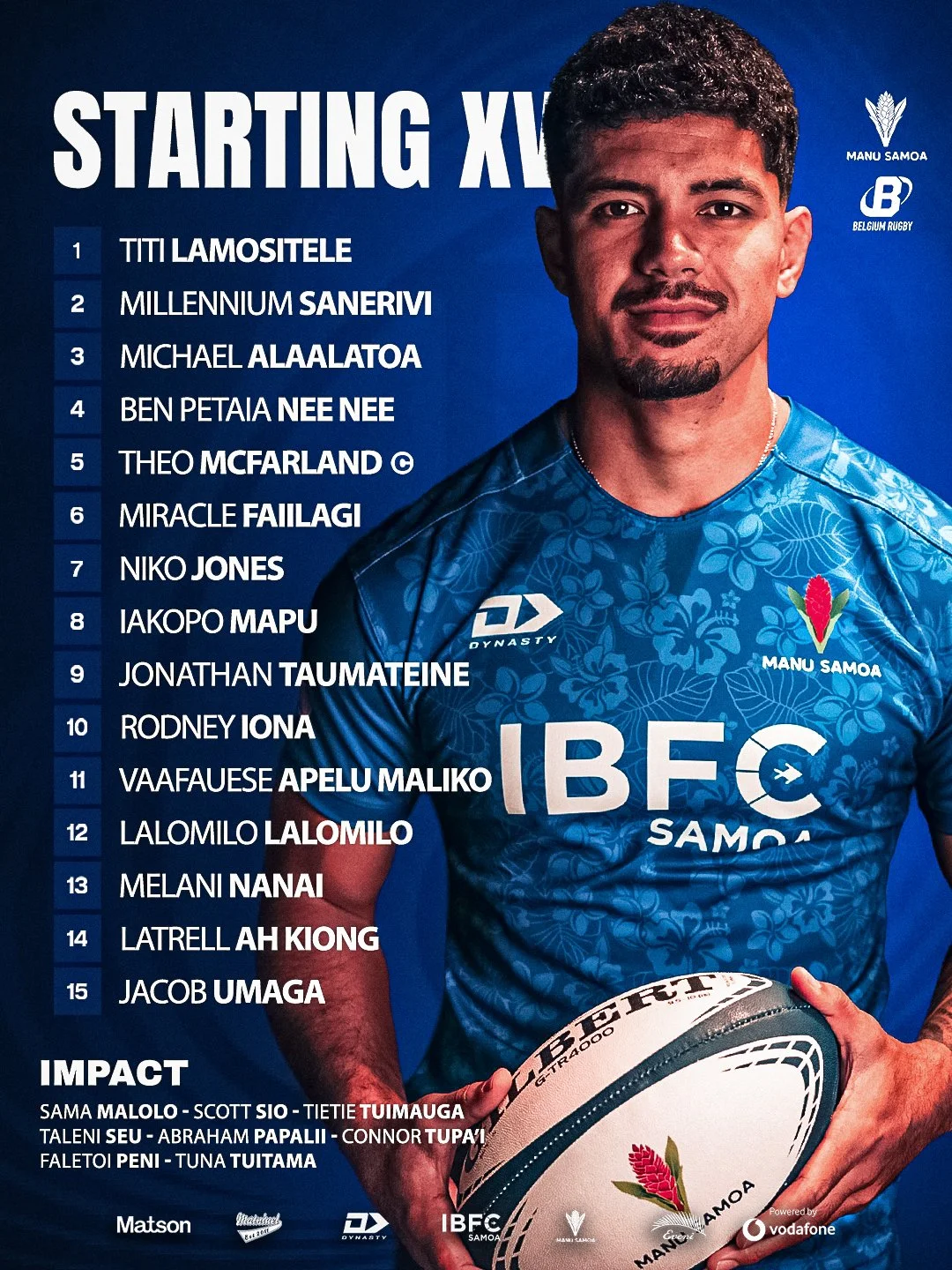 A list of starting XV players and impact players for Manu Samoa rugby team alongside a photo of a Manu Samoa rugby player holding a rugby ball, with team logos and sponsors in the background.