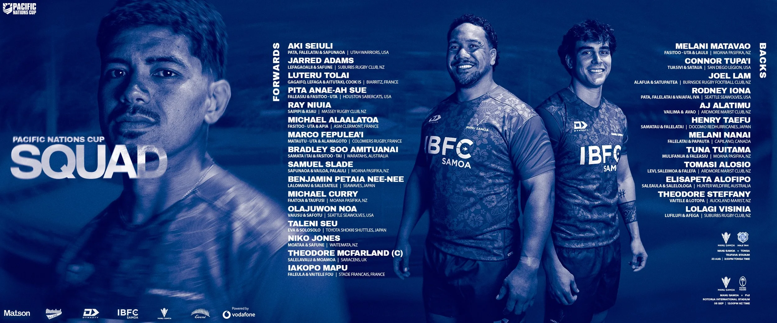 A poster of the Pacific Nations Cup rugby team featuring players and staff members with their names and affiliations, set against a blue background with team logos and event details.