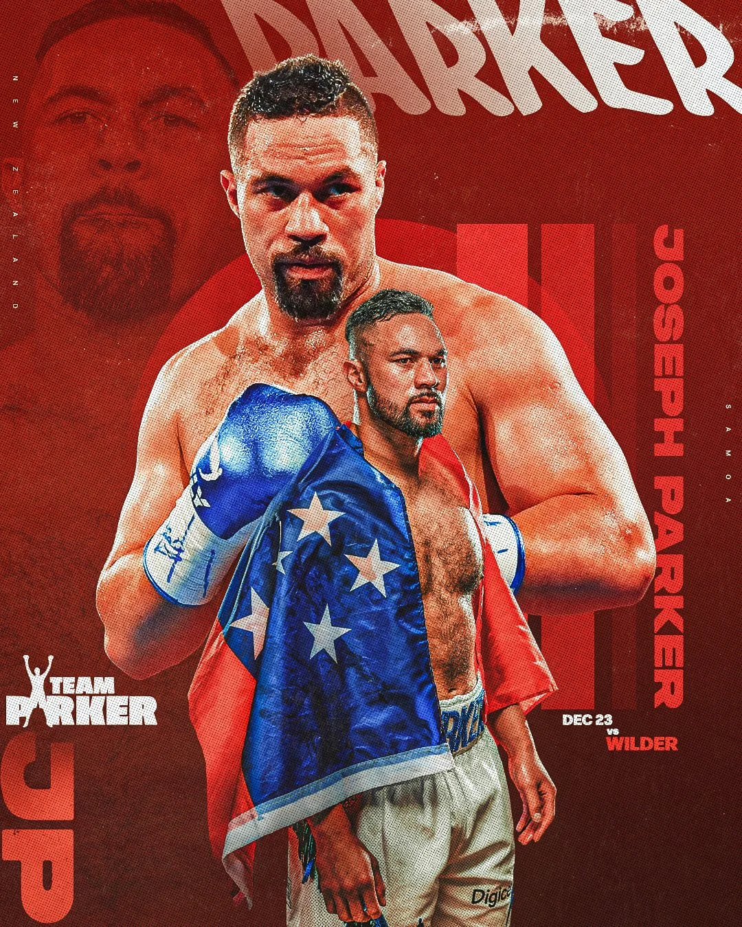 Poster promoting a boxing match between Jack Harker and Wilder, featuring two boxers, one with an American flag draped over his shoulders. The event is scheduled for December 23.