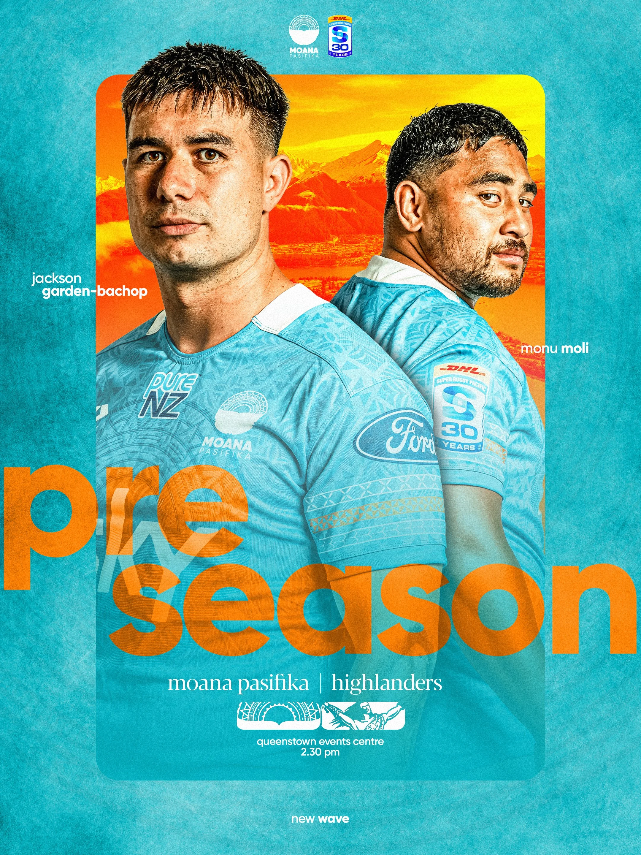 Poster for the Moana Pasifika rugby team featuring two players in blue jerseys with a mountain background, event details at Queenstown Events Centre at 2:30 pm.