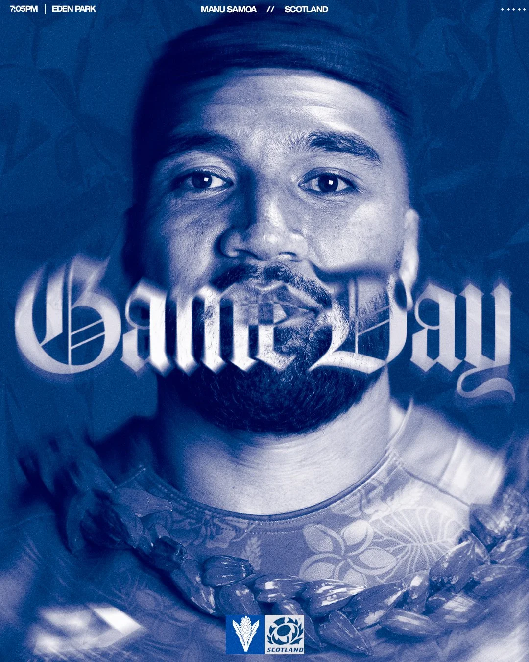 Close-up portrait of a man with a beard and mustache, wearing a patterned shirt and a beaded necklace, overlaid with the word 'gamers' in Gothic font. Text at the top indicates '7:05PM | EDEN PARK | MANU SAMOA // SCOTLAND.' Logos at the bottom includ