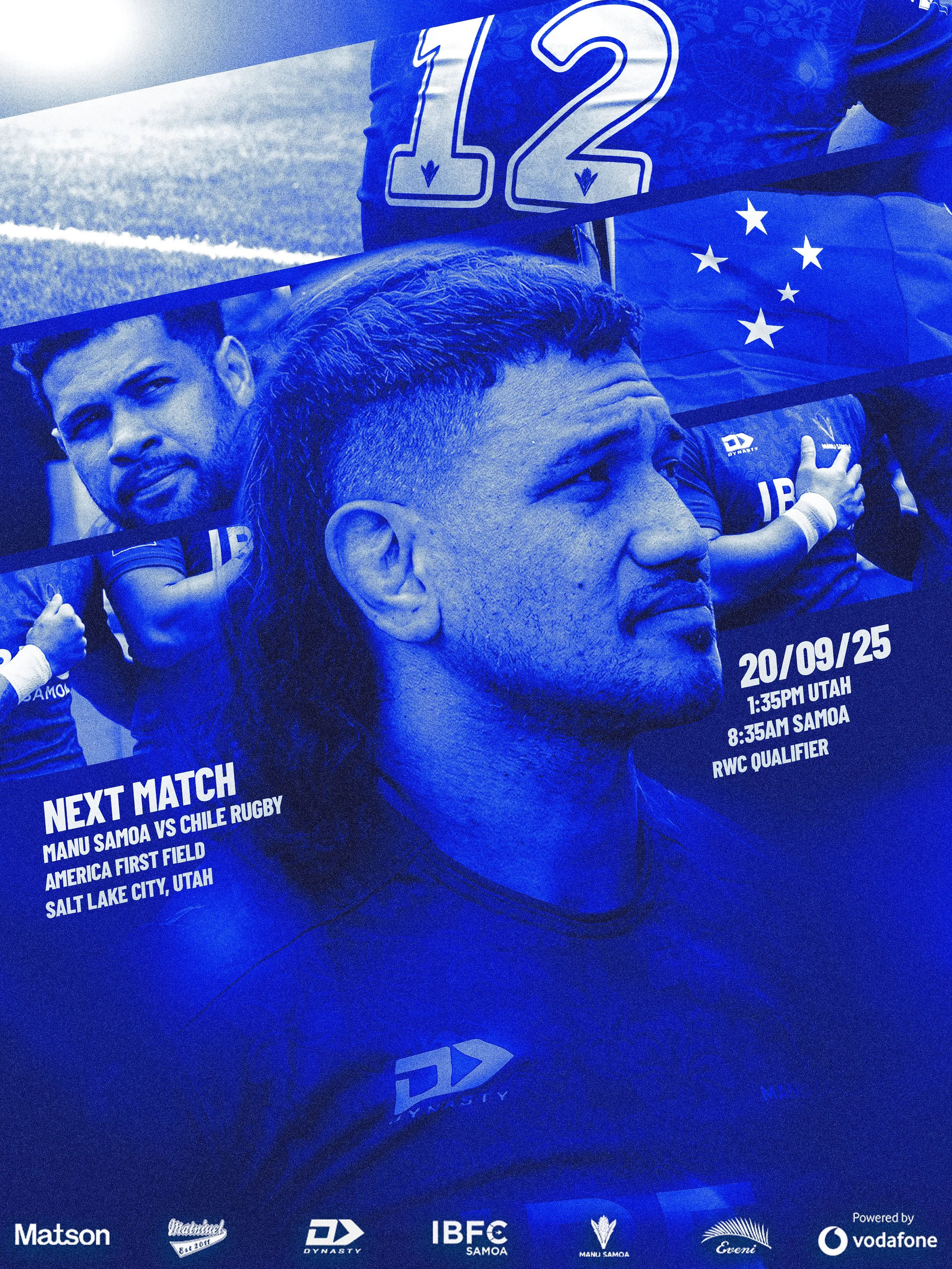 Poster advertising a rugby match between Manu Samoa and Chile Rugby, scheduled for September 20, 2025, at 1:35 PM in Utah and 8:35 AM in Samoa, at America First Field in Salt Lake City, Utah. The poster features images of rugby players and flags of S
