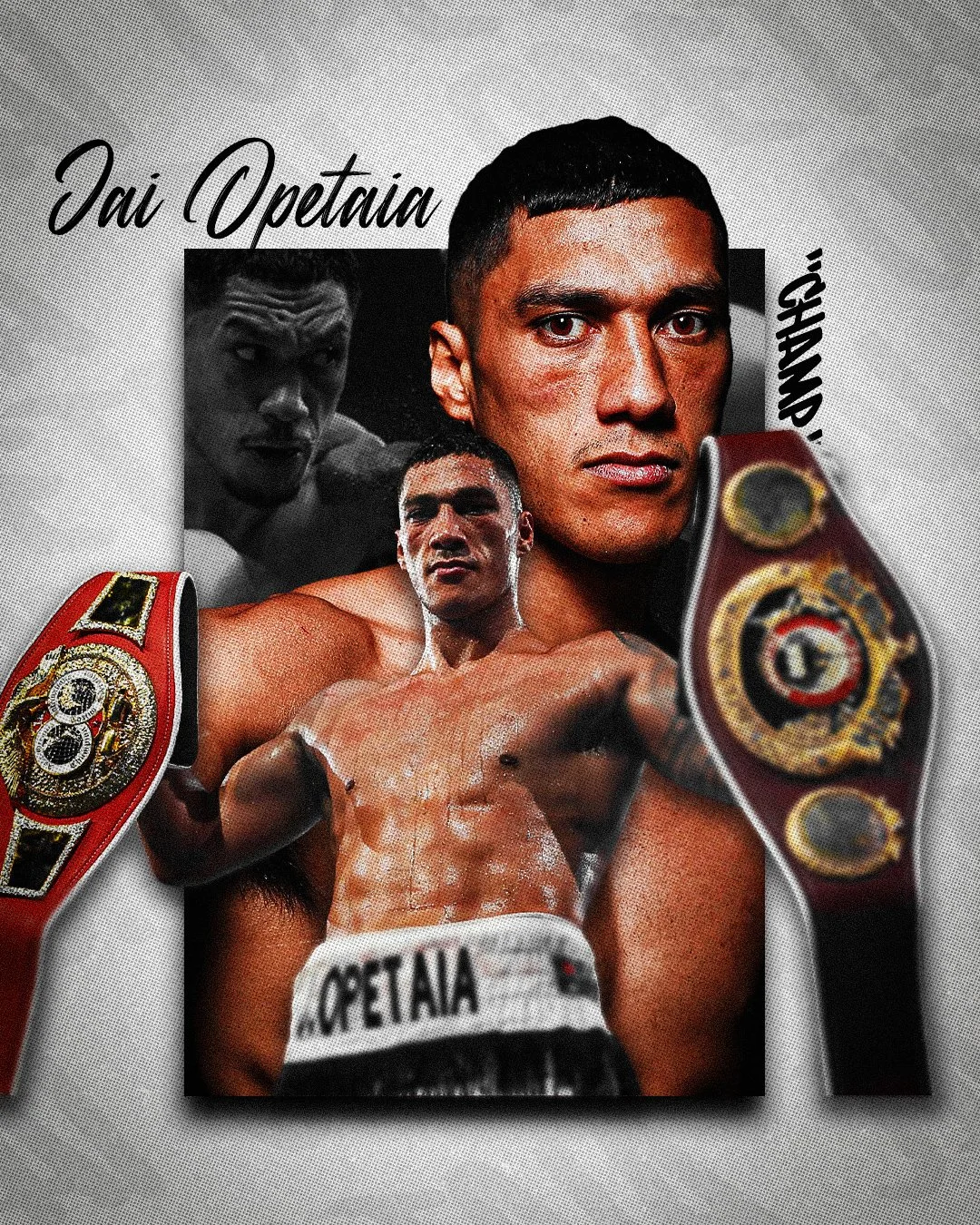 A collage featuring Ja Opetia, a professional boxer, with a serious expression, holding a championship belt. The collage includes a black-and-white action shot of Ja in the ring and a close-up of his torso showing his muscular physique and boxing sho