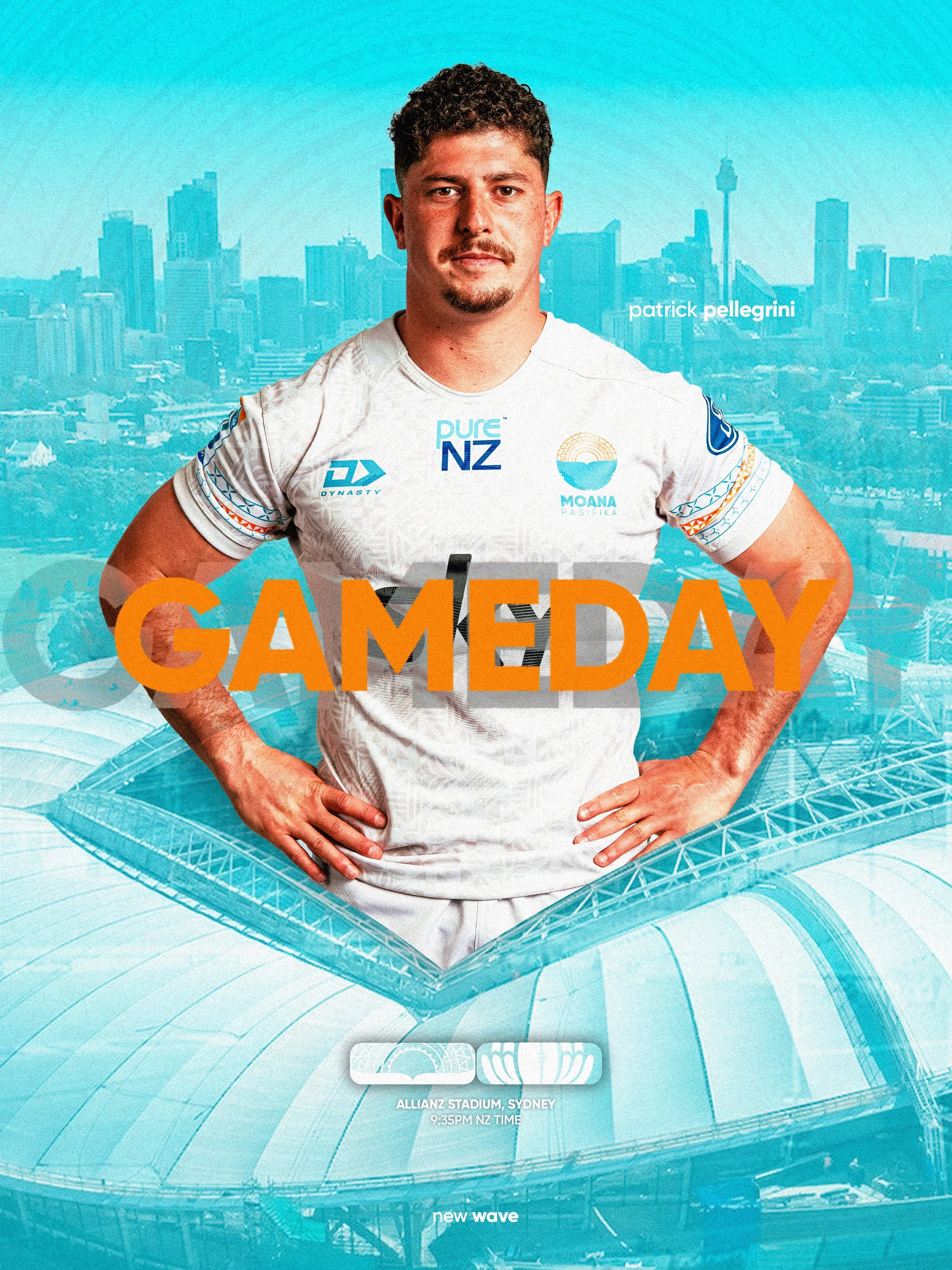 Promotional poster for an upcoming game day at Allianz Stadium in Sydney with a portrait of a man in a sports jersey, city skyline background, and event details.