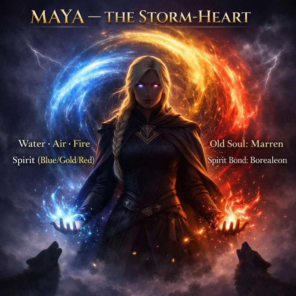 A female character with glowing eyes, holding her hands with water and fire effects, surrounded by a swirling blue and red energy circle, with howling wolves at her feet, representing elements of water, fire, air, spirit, and old soul.