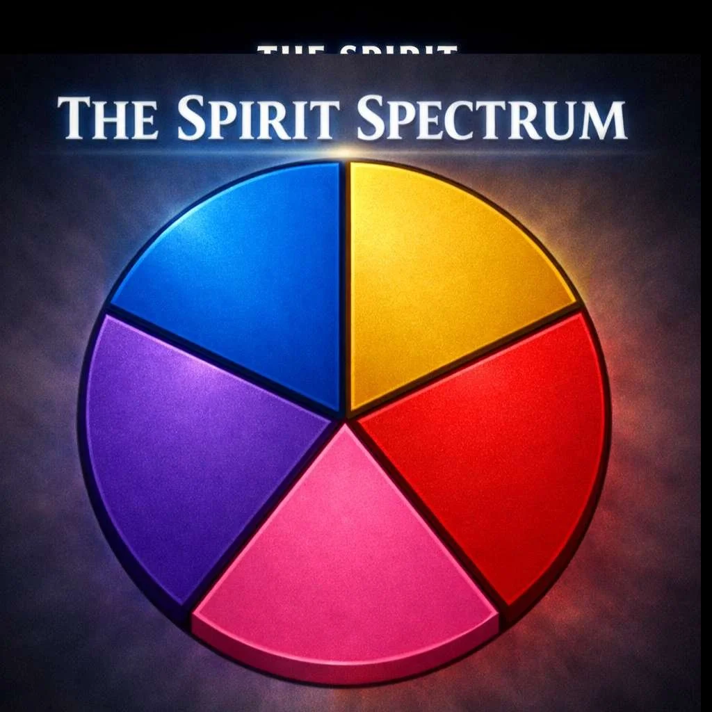 A colorful pie chart titled 'The Spirit Spectrum' with segments in blue, purple, pink, red, and yellow against a dark background.