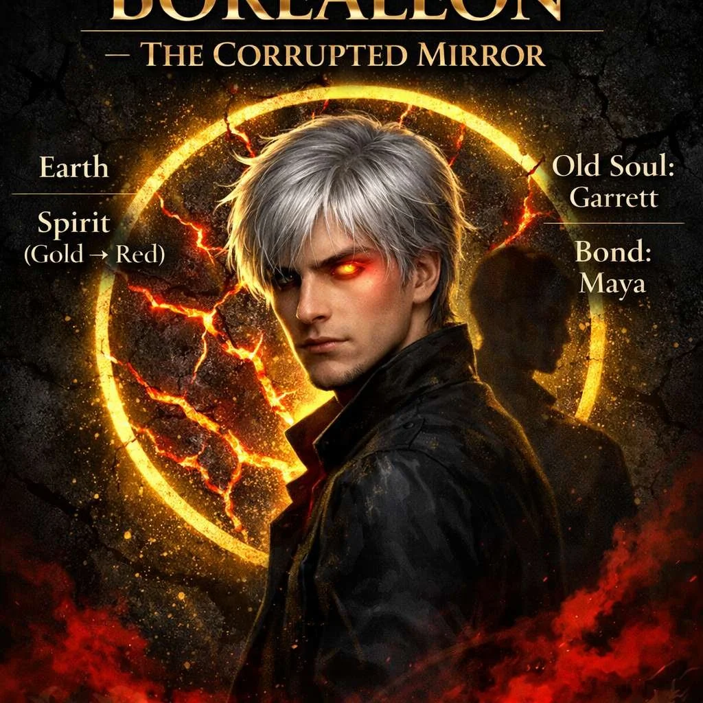 Promotional poster for 'Dune: The Corrupted Mirror' featuring a young man with silver hair, glowing red eye, black clothing, and a fiery, cracked background with glowing circle. Text indicates themes of Earth, Spirit, Old Soul Garret, Bond Maya, with imagery of lightning and fire.