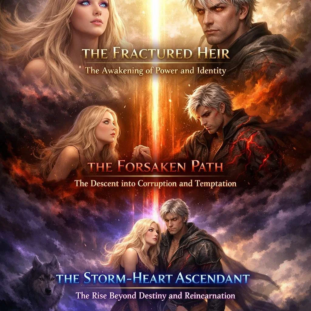 A fantasy book cover titled "The Fractured Heir" with three sections showing characters and scenes, featuring blonde women and a silver-haired man, with a wolf and a fiery background.