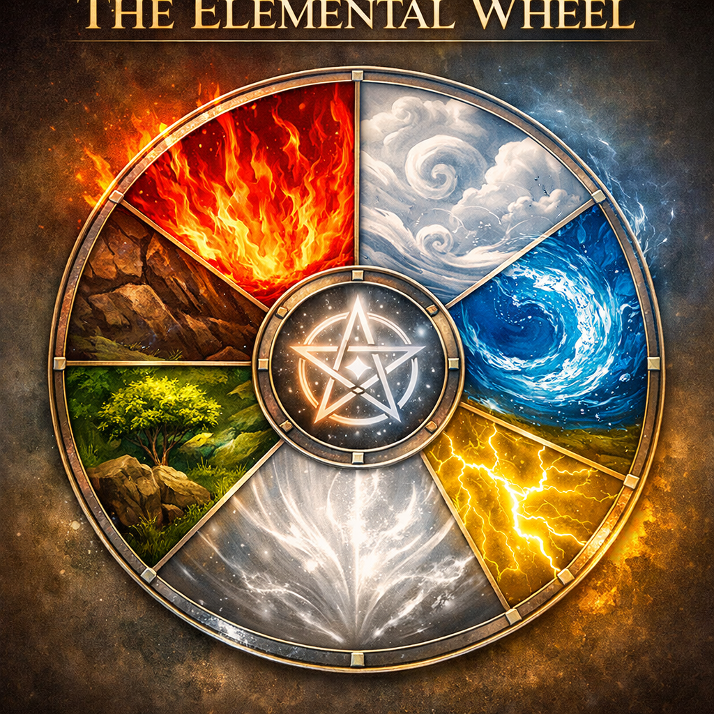 A circular diagram titled 'The Elemental Wheel' divided into six sections representing fire, air, water, lightning, earth, and spirit. Each section features an illustration of the element: flames, clouds, ocean waves, lightning, rocks with greenery, and a glowing white light respectively, with a pentagram symbol at the center.