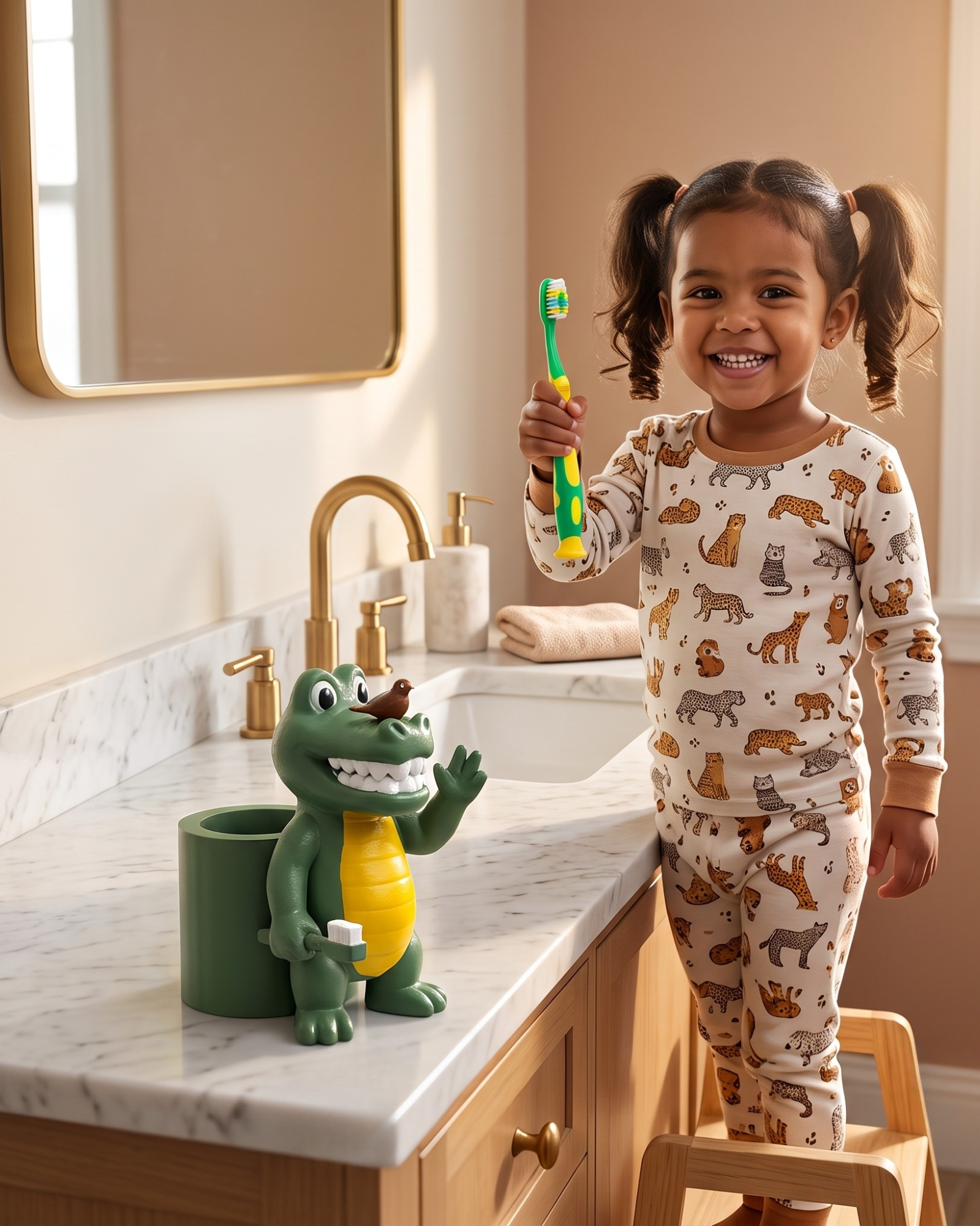 Young girl with pigtails smiling and holding a green toothbrush with yellow accents, standing in a bathroom. She is wearing pajamas with animal print. There is a green crocodile-shaped toothbrush holder on the white marble bathroom counter, which also holds a soap dispenser and a folded towel.