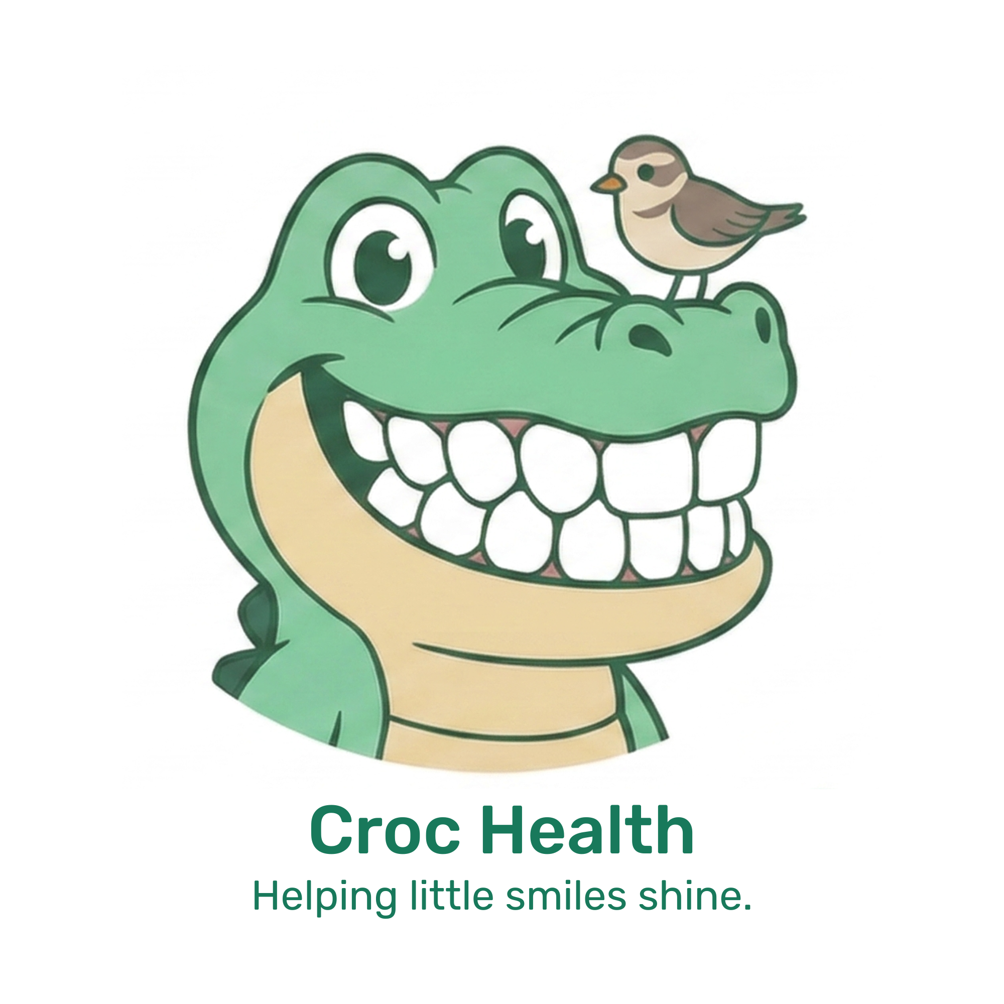Croc Health logo featuring a fun, kid friendly design with a crocodile and his bird friend that helps him brush his teeth.