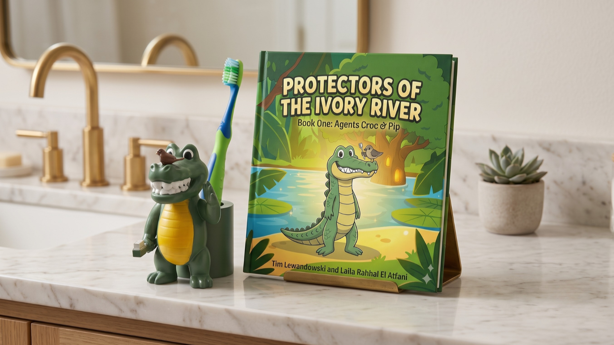 A children's book titled 'Protectors of the Ivory River' standing upright on a kitchen countertop, with a crocodile and bird illustrated on the cover. To the left of the book, there is a crocodile figurine holding a bird on its nose, and a toothbrush in a holder. To the right, there is a small potted succulent plant. The background shows a marble kitchen counter with a gold faucet and a mirror.