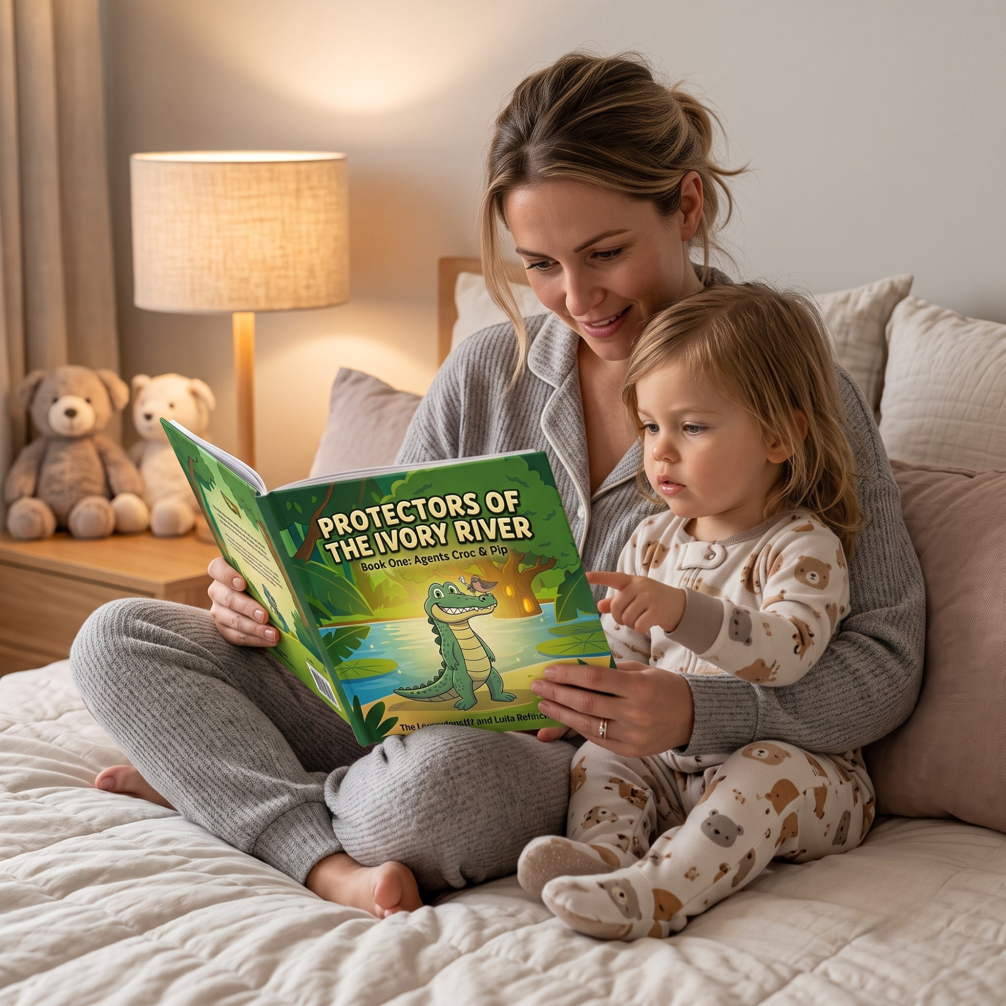 Mother and toddler reading Croc Health Protectors of the Ivory River kids dental health and empowerment book.