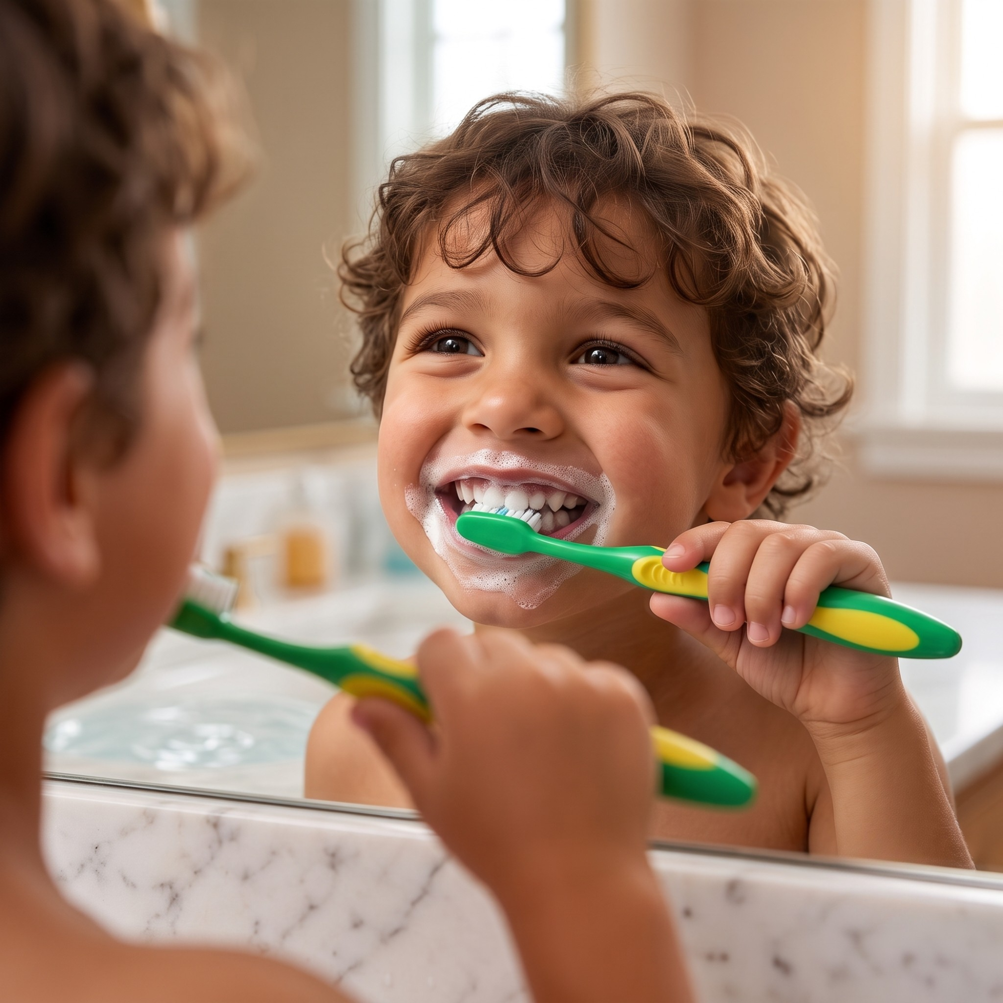 Child brushing teeth happily in the mirror after using Patent-pending kids toothbrush holder and behavioral book bundle.