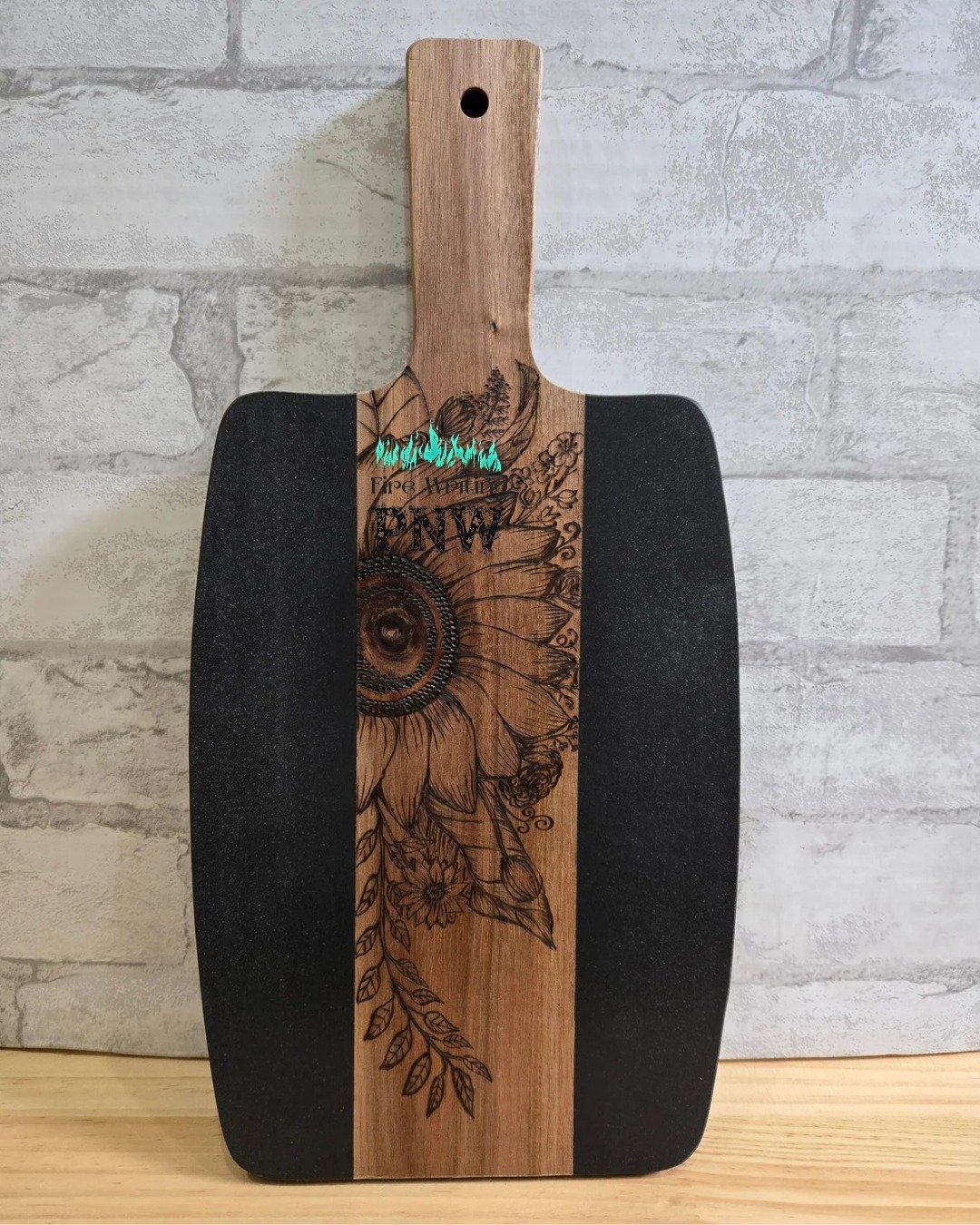 Black Marble & Acacia Wood Charcuterie/Cutting Board with Freehand Pyrography