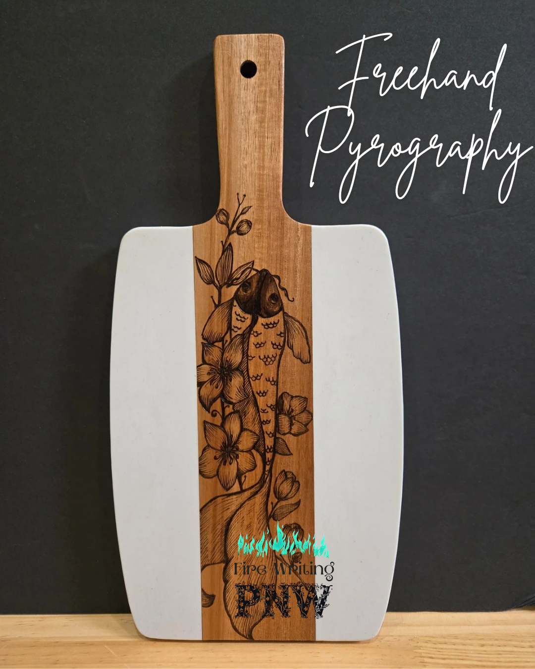 White Marble & Acacia Wood Charcuterie/Cutting Board with Freehand Pyrography