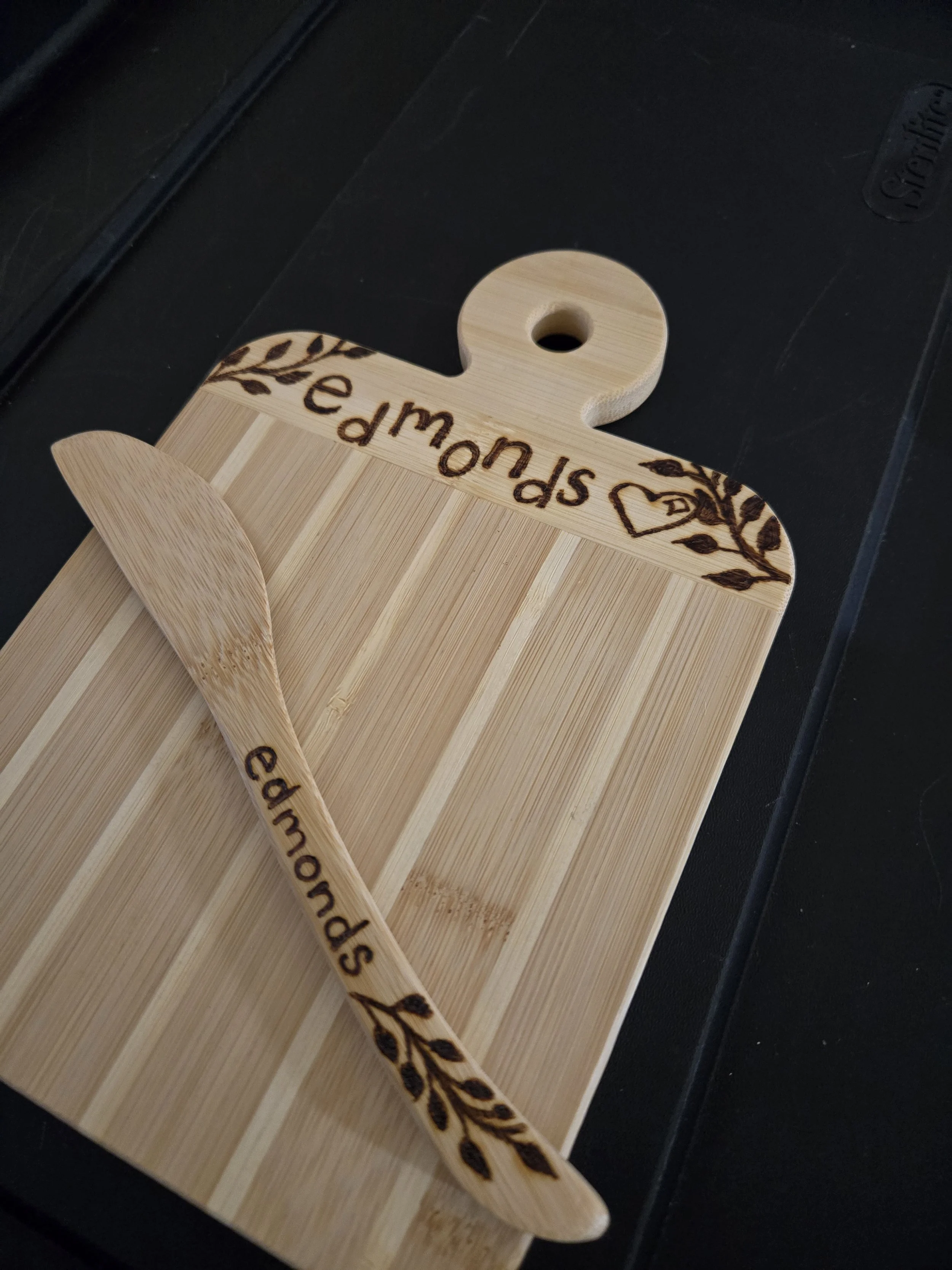 Striped Paddle Serving and Cutting Board plus Spreader Knife Gift Set with Freehand Pyrography