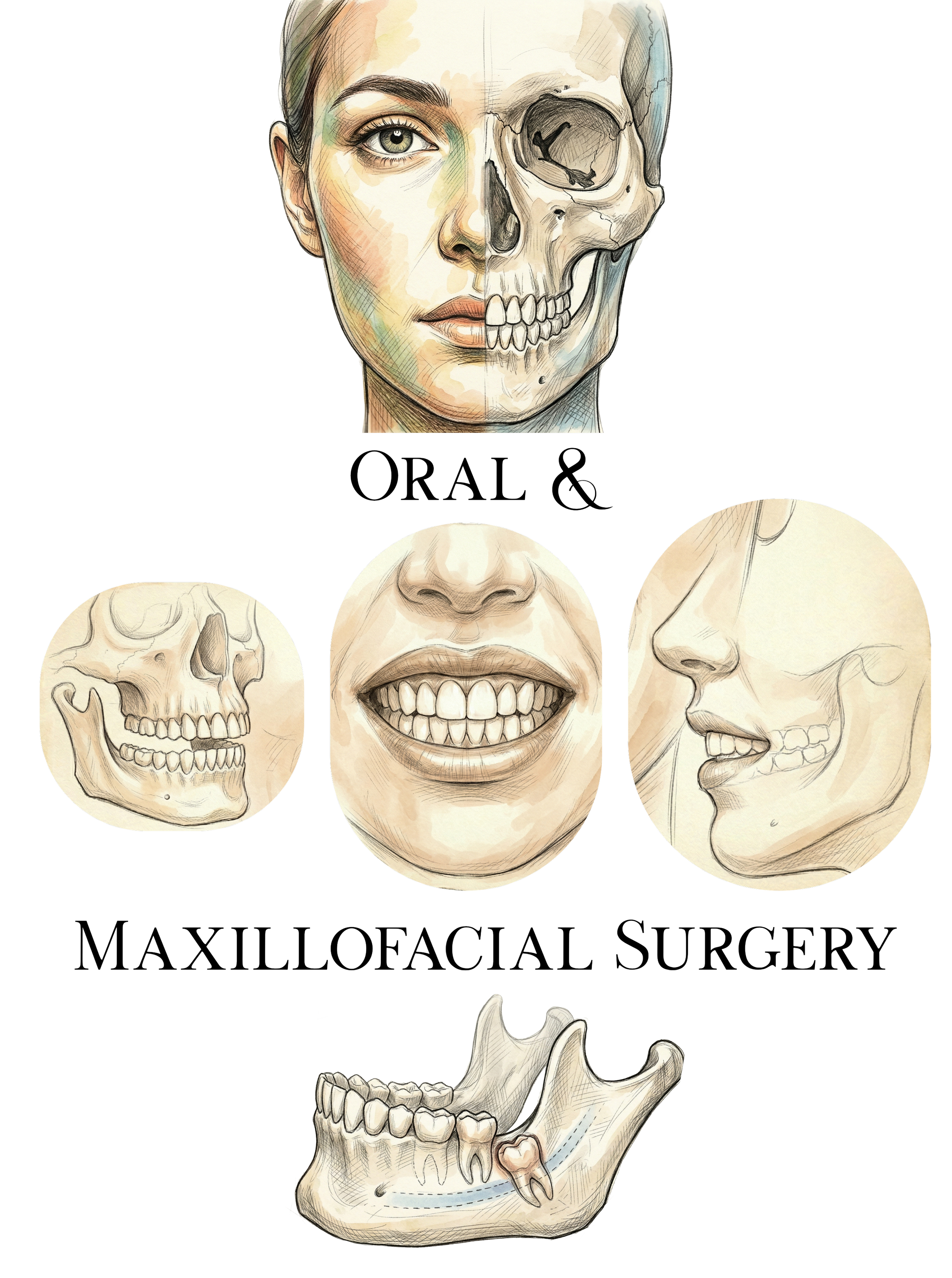 Illustration showcasing the anatomy of the human head, including a detailed view of the skull, a smiling mouth with teeth, side profiles of the face, and a lower jaw with teeth.