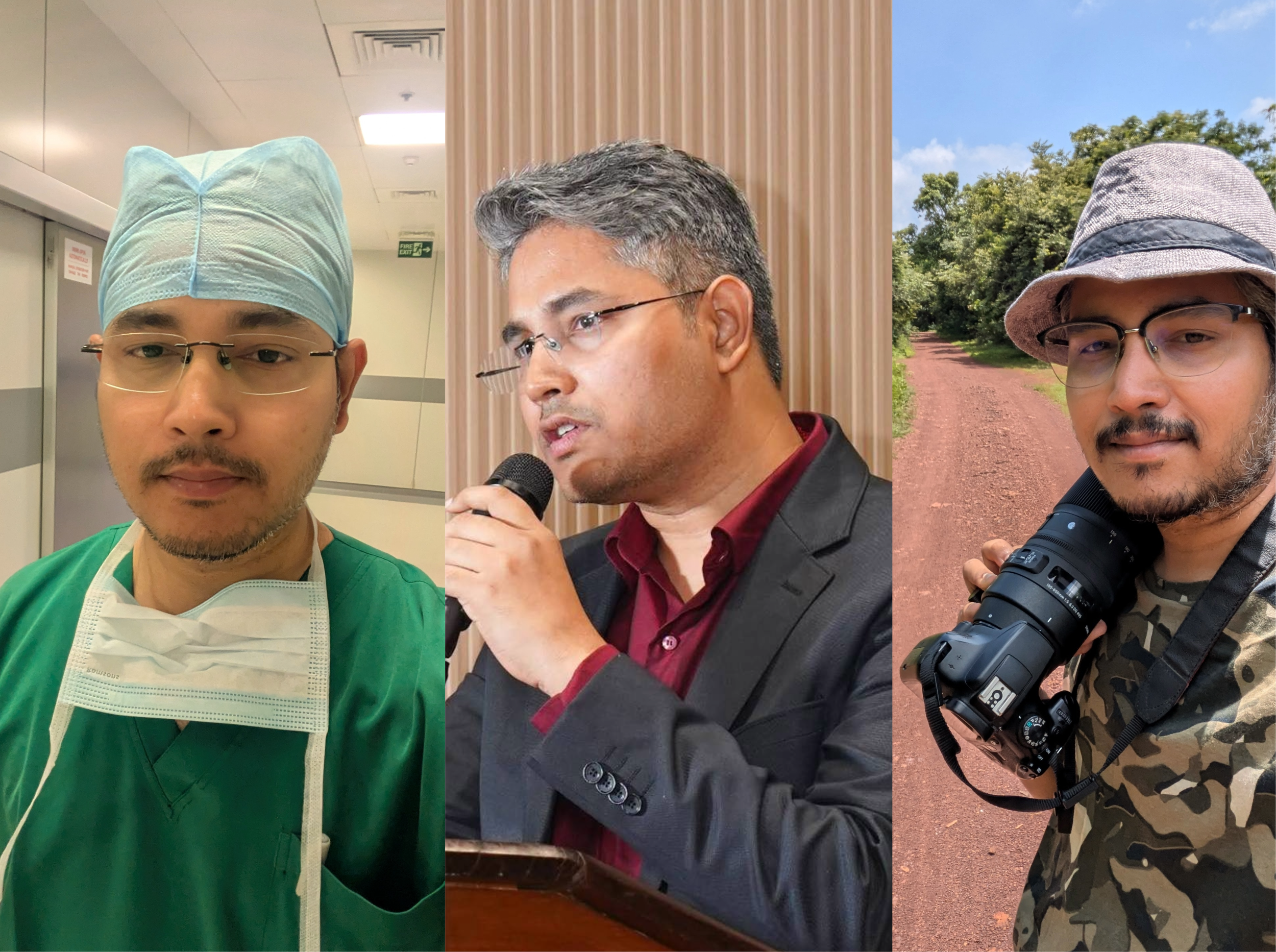 Three men, each in different settings, with the first in hospital scrubs and a surgical cap, the second speaking into a microphone wearing a suit, and the third outdoors with a camera, wearing a hat and camouflage shirt.