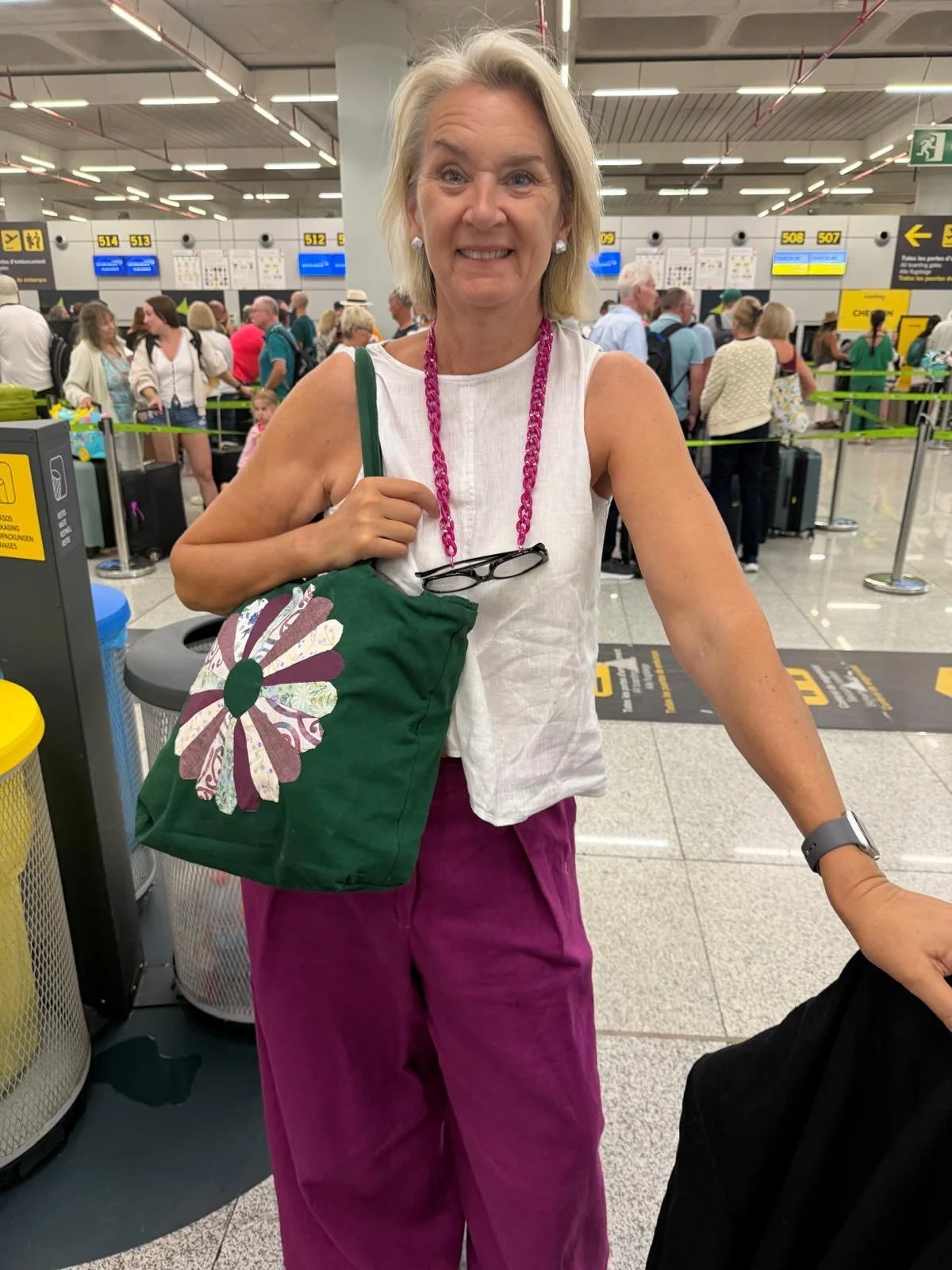 I wasn&rsquo;t going to travel internationally carrying a Waitrose shopping bag. So I remade it.  I loved the strong pine-green canvas and the generous size, but it needed a rather more interesting second life. I added my oversized Second Bloom appli