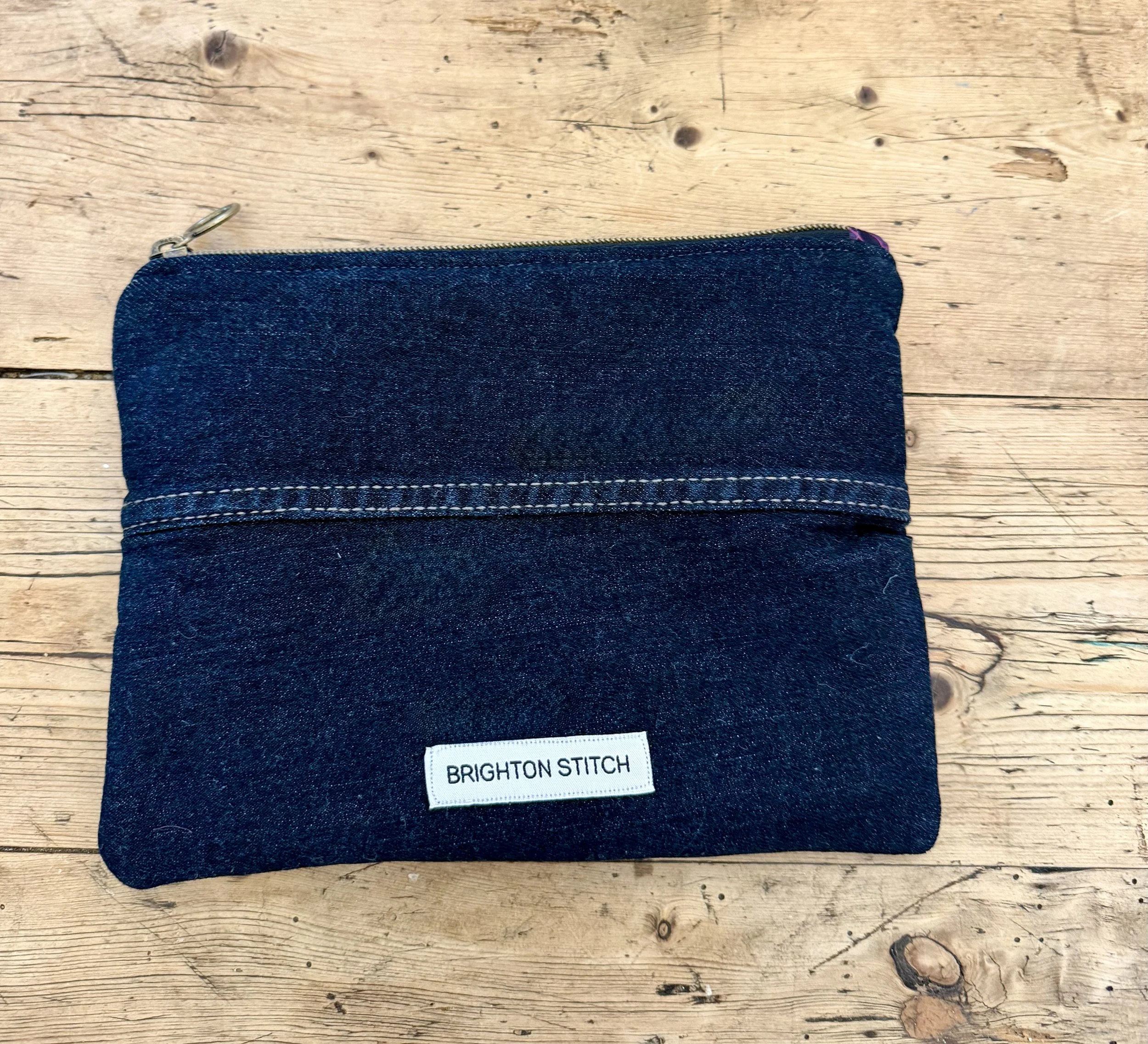 Back of Liberty Scrapbook Pouch made from reclaimed dark indigo denim jeans