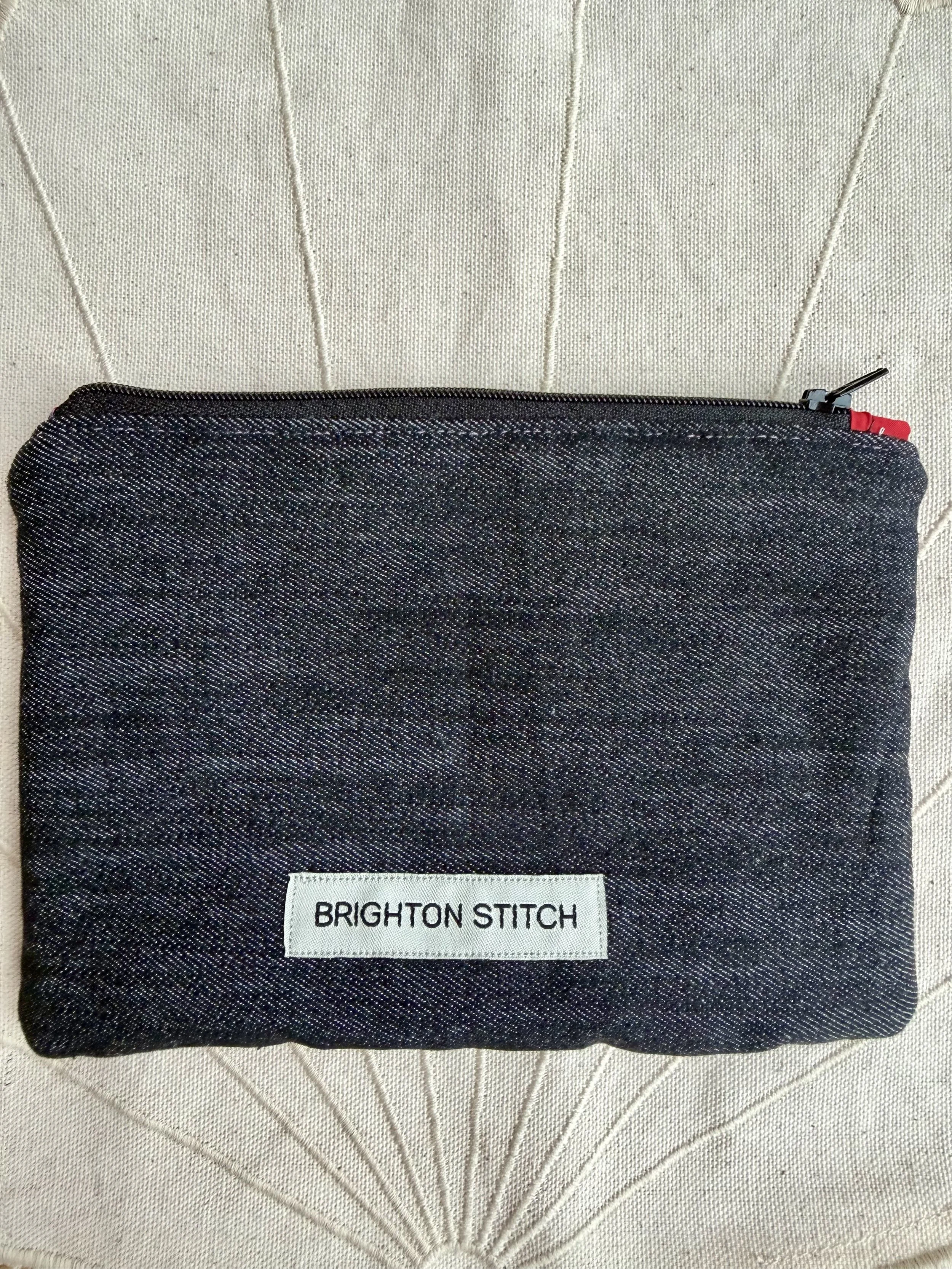 Reclaimed black denim back of Marmalade Matrix pouch with Brighton Stitch label