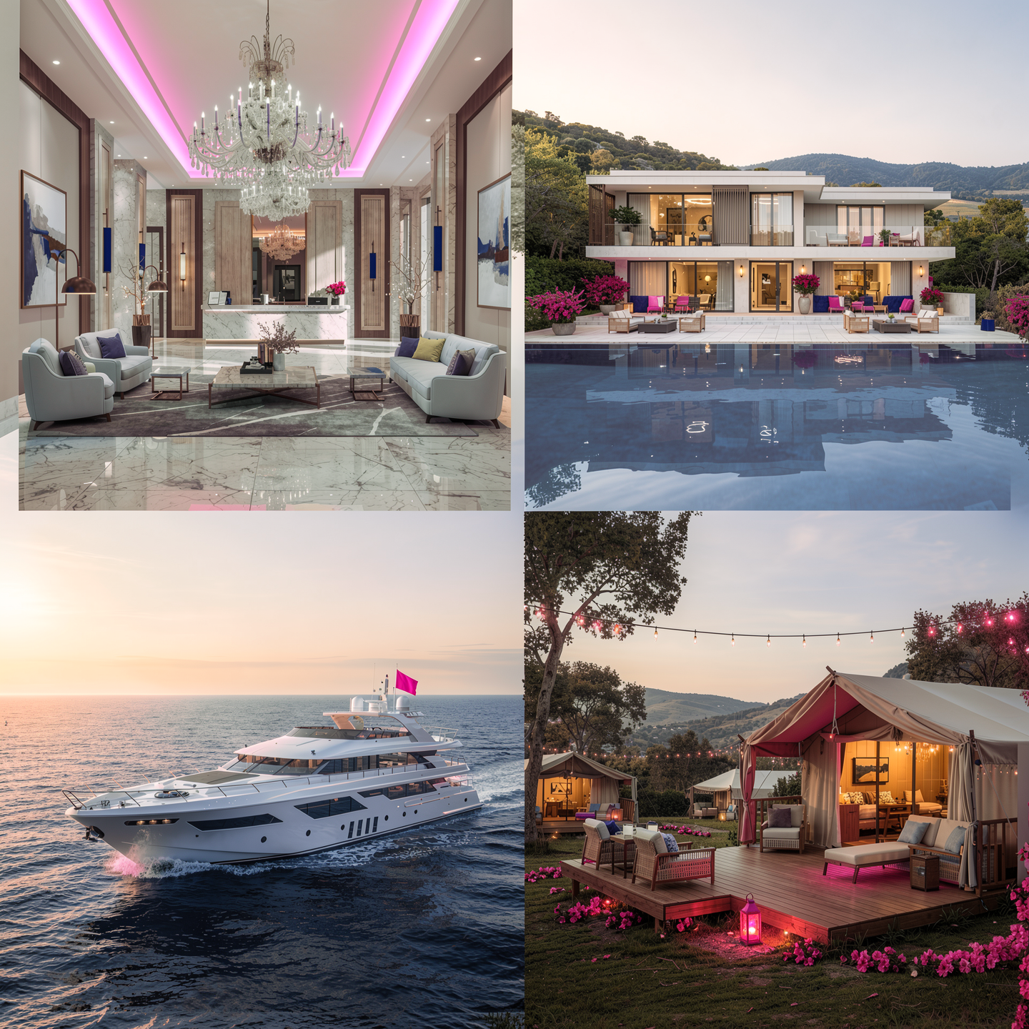 Vier Bilder: Eine luxuriöse hotelfoyhouse-Inneneinrichtung mit Kronleuchtern, eine moderne Villa mit Pool, ein Luxus-Yacht auf dem Meer bei Sonnenuntergang, ein gemütliches Glamping-Zelt im Garten bei Sonnenuntergang mit Lichterketten und Blumen.