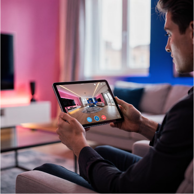 Mann sitzt auf einem Sofa und tätigt einen Videoanruf auf einem Tablet. Im Hintergrund ist ein Wohnzimmer mit bunten Wänden und einem Fernseher.
