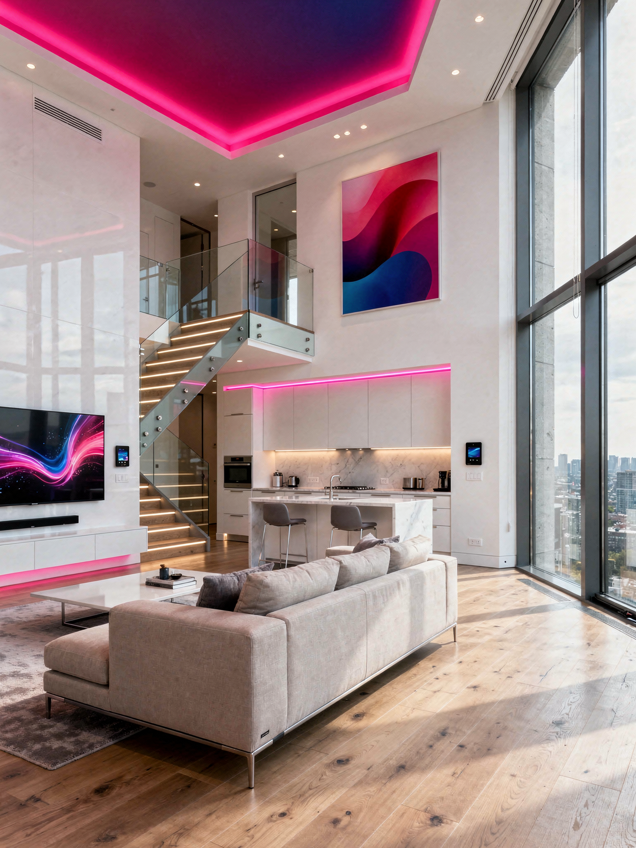 Modernes, hochmodern eingerichtetes Wohnzimmer mit Offenbereich, Sofa, TV, offener Küche, Treppe, große Fenster mit Stadtblick, mit pinker Akzentbeleuchtung und Kunstwerk an der Wand.