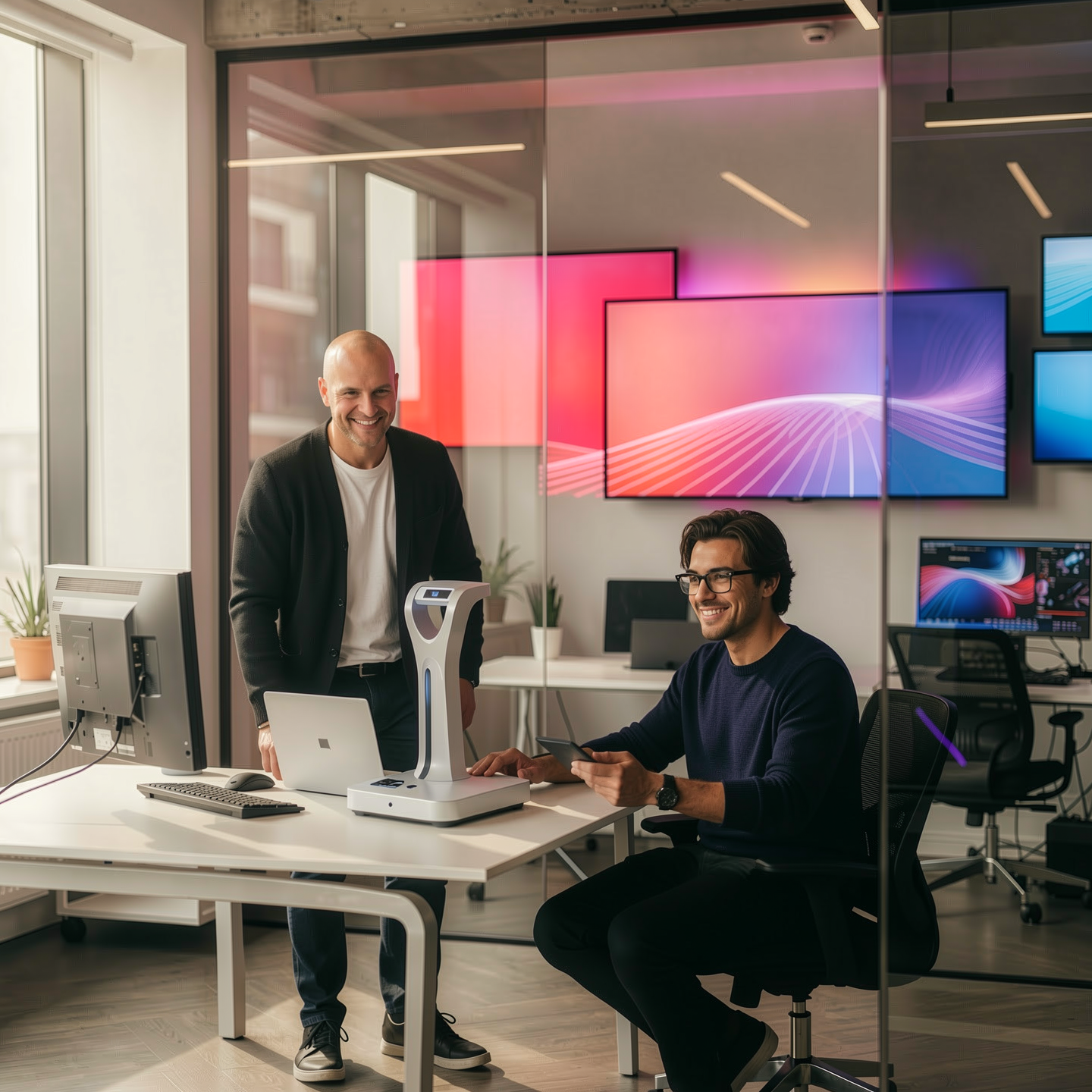 Zwei Männer in einem Büro, einer sitzt an einem Schreibtisch mit Computer und Smartphone, der andere steht lächelnd daneben, im Hintergrund große Bildschirme mit bunten Grafiken.