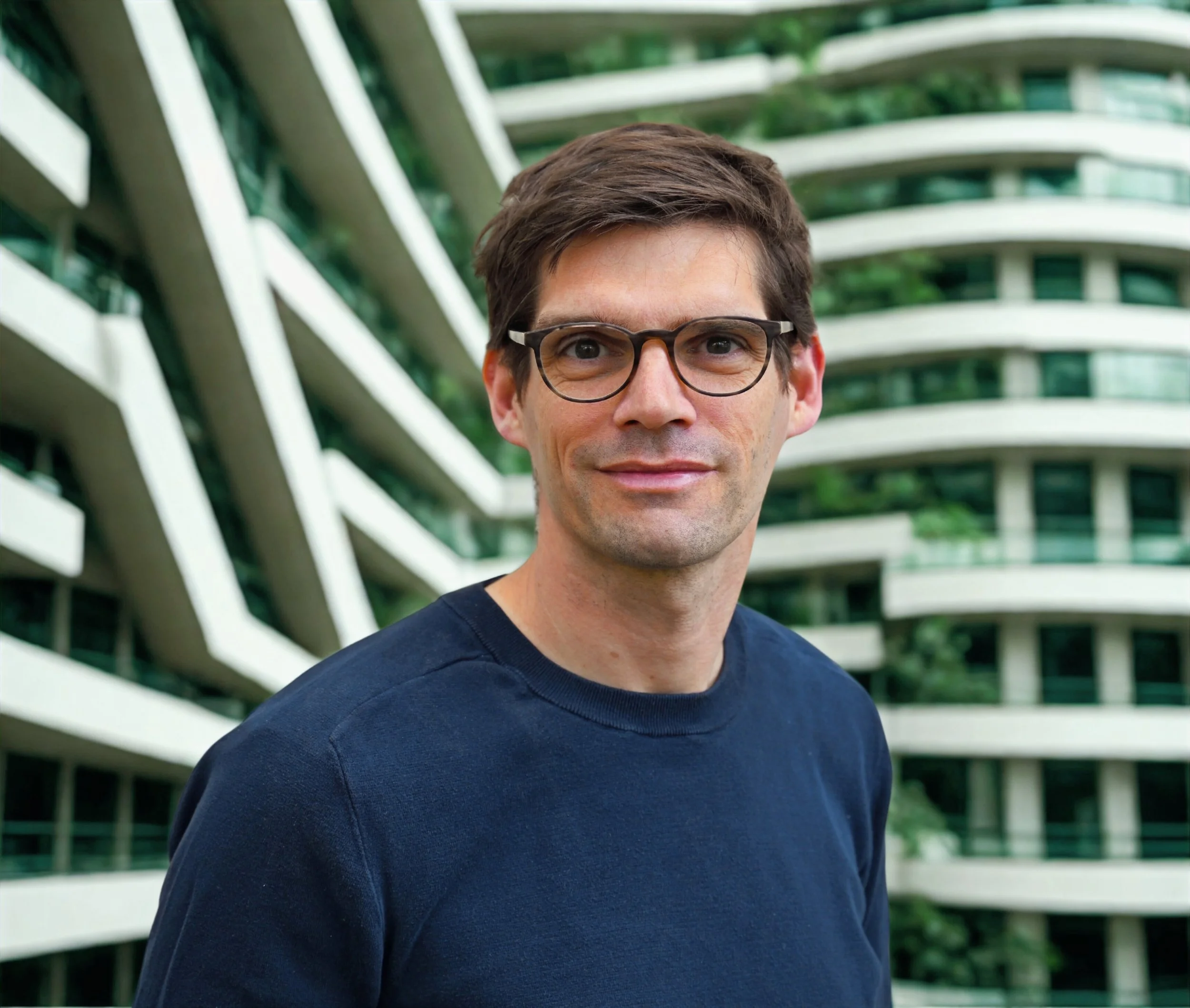 Ein Mann mit dunklen Haaren, Brille und dunkelblauem Pullover, der vor einem modernen Gebäude mit weißen Balkonen steht.