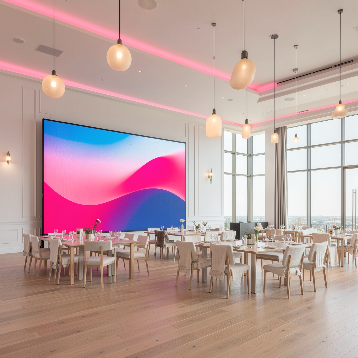 Ein eleganter, heller Veranstaltungsraum mit großen Fenstern und moderner Beleuchtung, Tische mit Stühlen, gedeckt für ein Dinner, und eine große digitale Leinwand