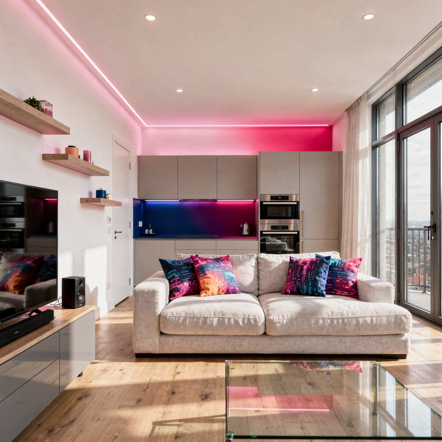 Modernes Wohnzimmer mit Sofa, bunten Kissen, offener Küche mit grauen Schränken und pink-blauen Akzenten, großes Fenster mit Balkon und Stadtblick, Holzfußboden.