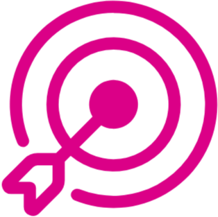 Ein Ziel mit Pfeil in der Mitte, der auf den Mittelpunkt gerichtet ist, in pink auf schwarzem Hintergrund.