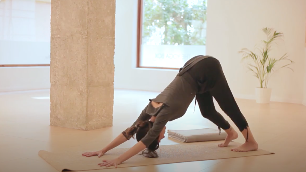 Una mujer haciendo yoga en un estudio con ventanas grandes y una planta en la esquina