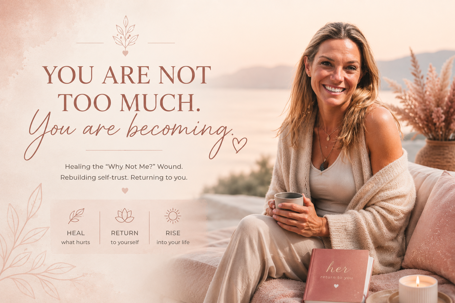 A smiling woman sitting outdoors at sunset, holding a mug with a pink book titled "her return to you" beside a lit candle and a large vase of pink flowers, with mountains in the background.