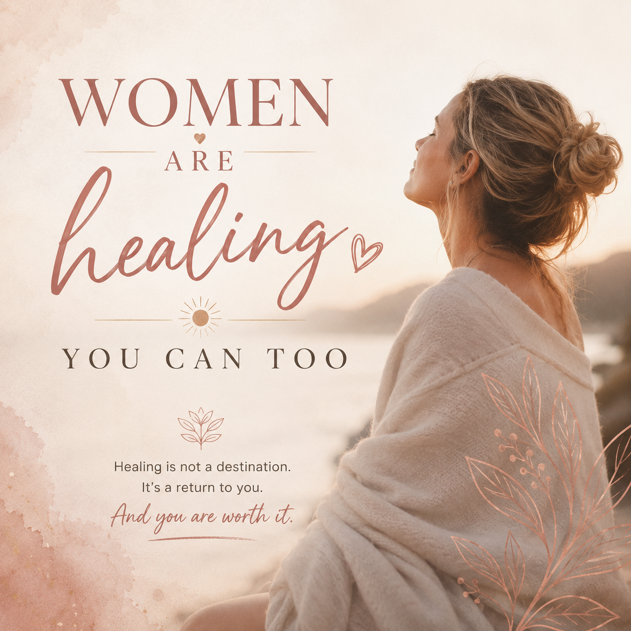 A woman sitting outdoors with eyes closed, wrapped in a blanket, with a scenic background at sunset. Overlaid text says: 'Women are healing. You can too. Healing is not a destination. It's a return to you. And you are worth it.'
