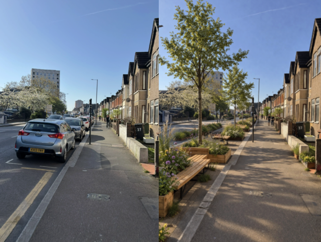 Side-by-side comparison of a city sidewalk, with the left showing parked cars and a plain sidewalk, and the right showing a landscaped park with trees, benches, and flowers alongside the sidewalk. Wood street, Walthamstow, London.