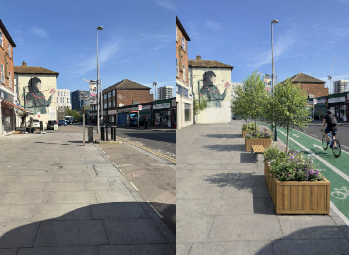Side-by-side comparison of a street scene before and after landscaping: the left shows an empty sidewalk with a mural of a woman holding a flower on a building wall, while the right shows the same scene with added trees, benches, and flower planters along the sidewalk, and a cyclist riding in a bike lane.