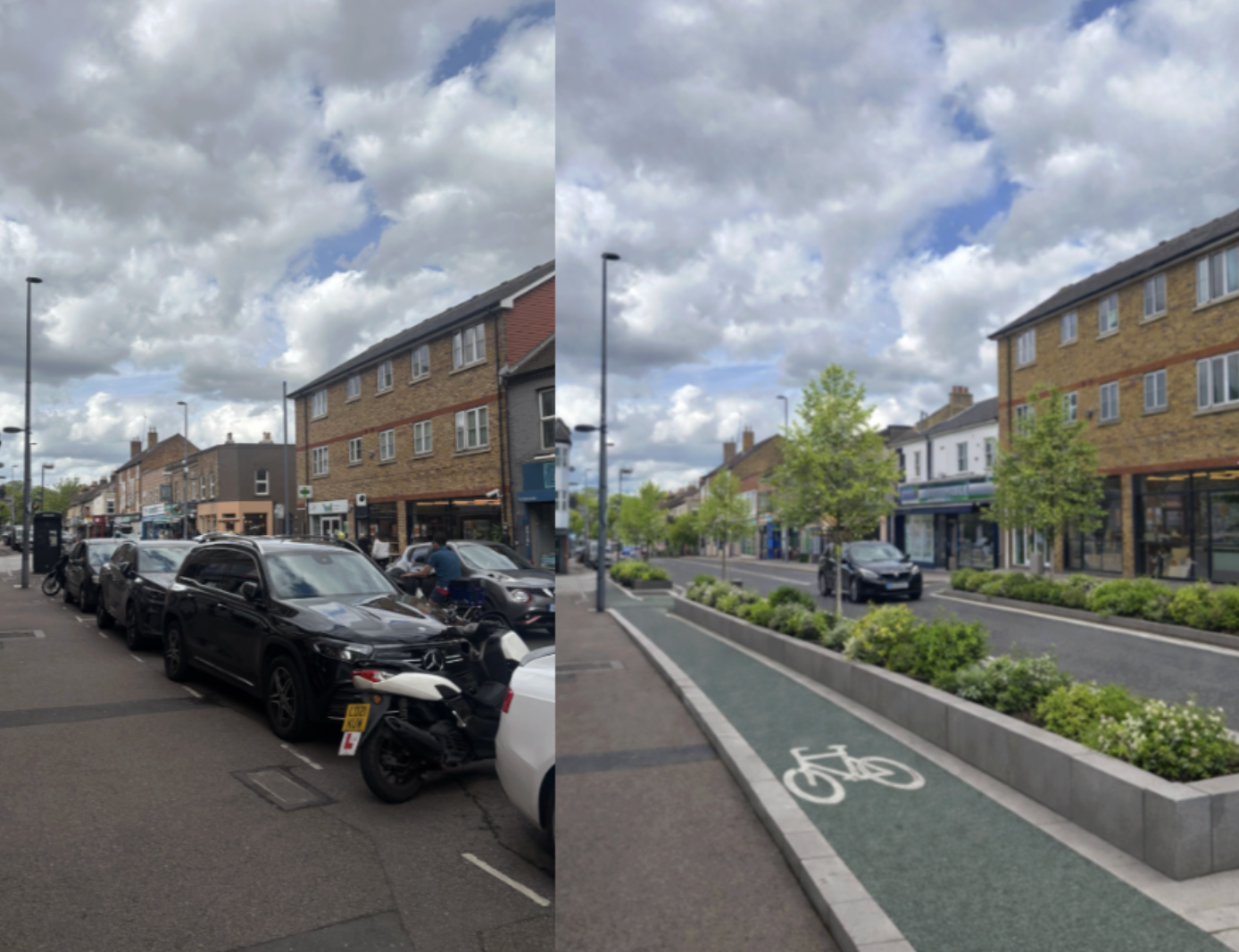 Split image showing a busy urban street with parked cars and storefronts on the left, and a bike lane with trees and buildings on the right. Wood street, Walthamstow, London.