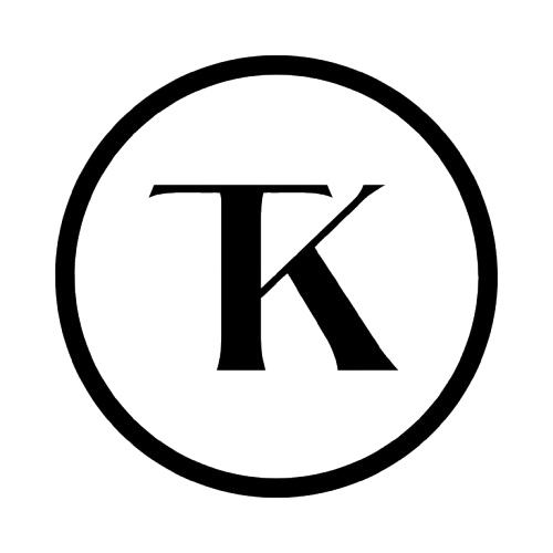 A black circular logo with a large letter 'K' inside.